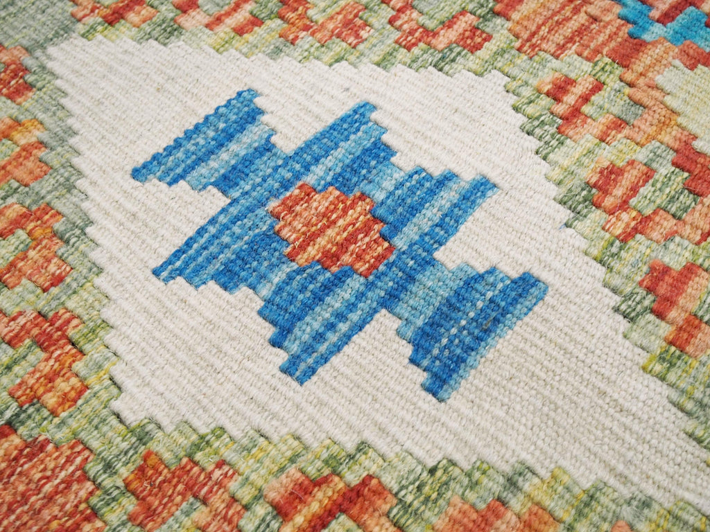 7x10 Ft Maimana Kilim Rug - Green & Blue Flat Weave Tribal Rug