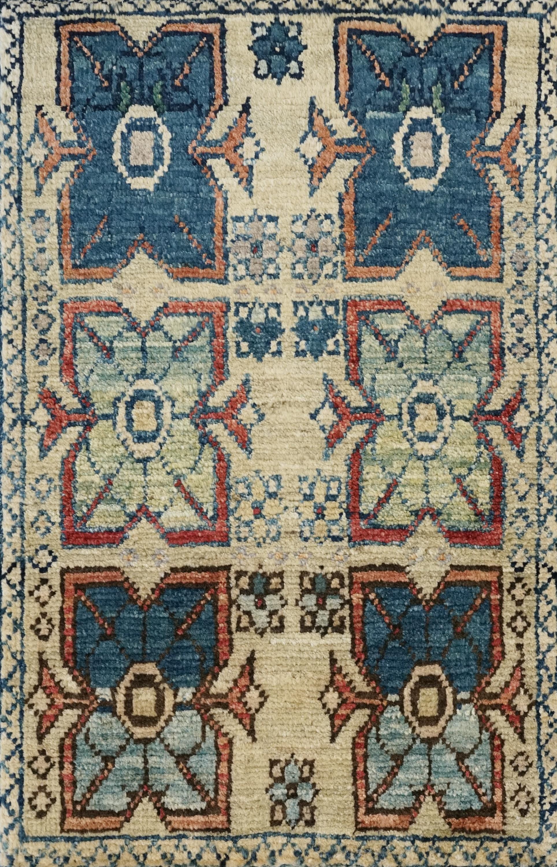 1x2 Ft Hand Knotted Heriz Wool Rug - Beige Blue Floral Accent Rug