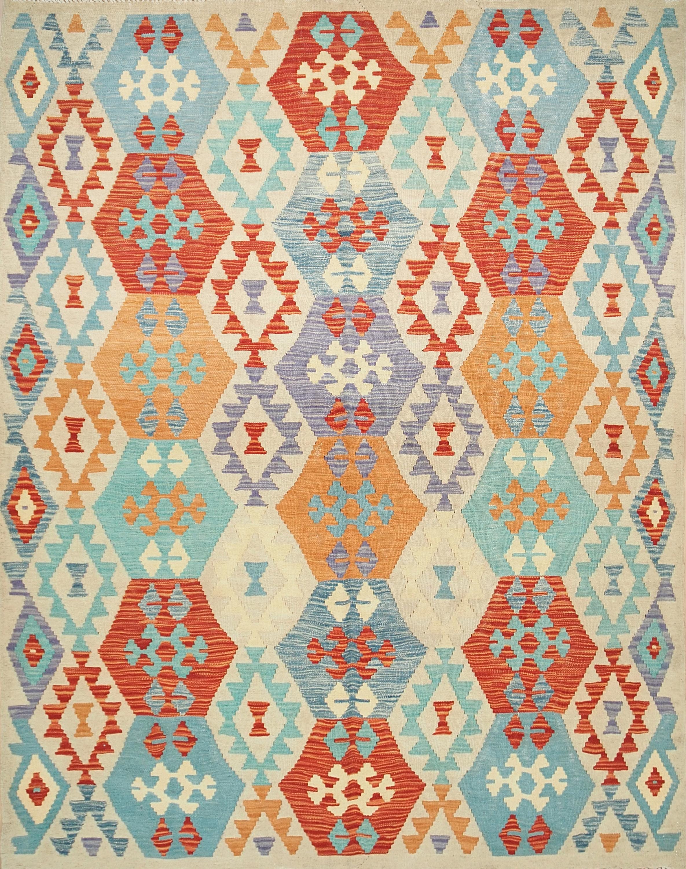 5x7 Ft Red & Blue Kilim Rug - Flat Weave Tribal Rug