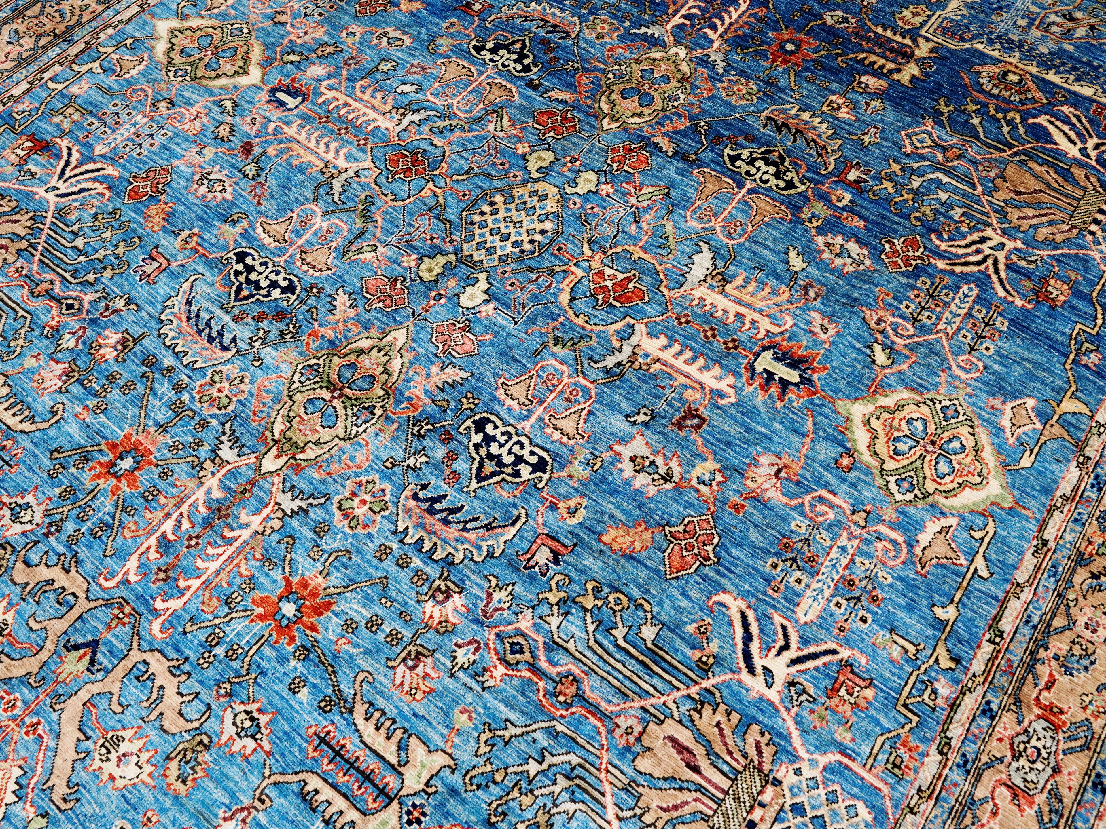 8x11 Ft Blue Wool Rug - Large Persian Heriz Style Area Rug