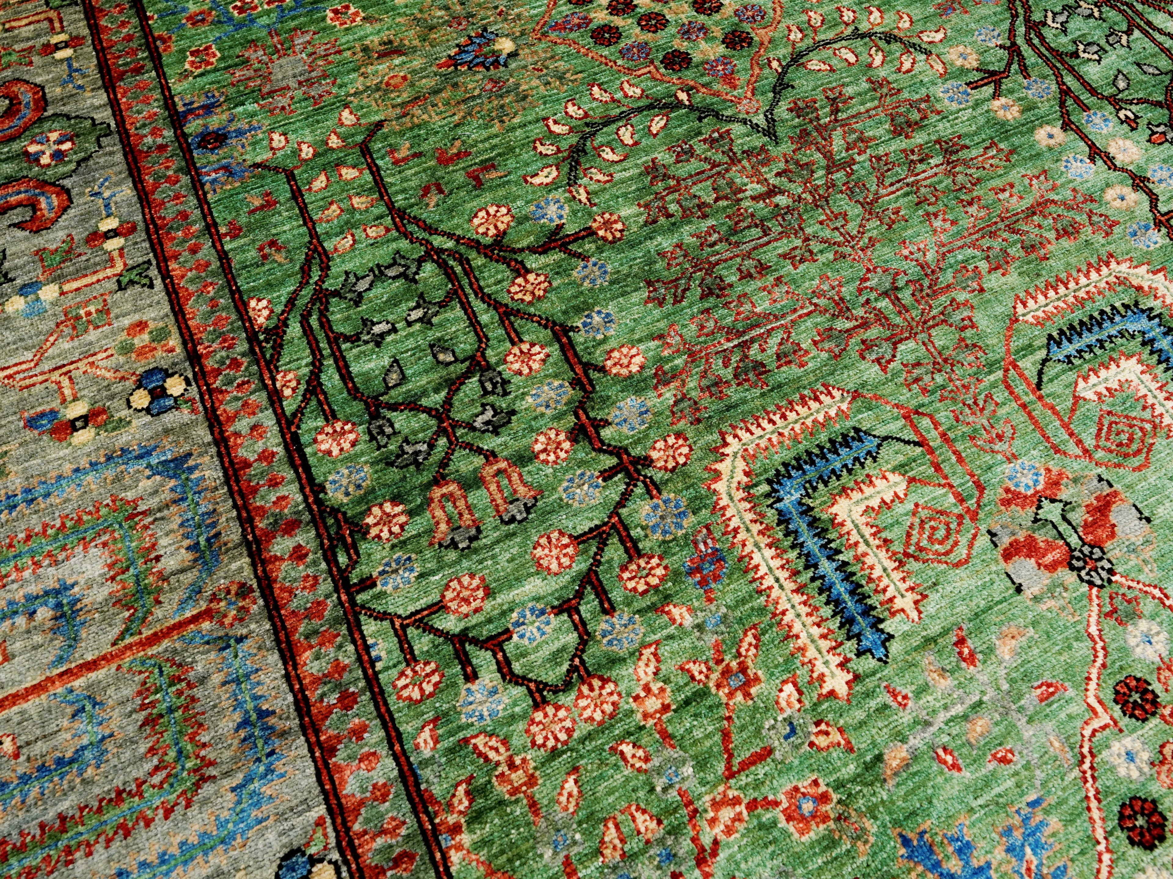 9x12 Green Serapi Rug – Traditional Living Room Rug - Floral Design