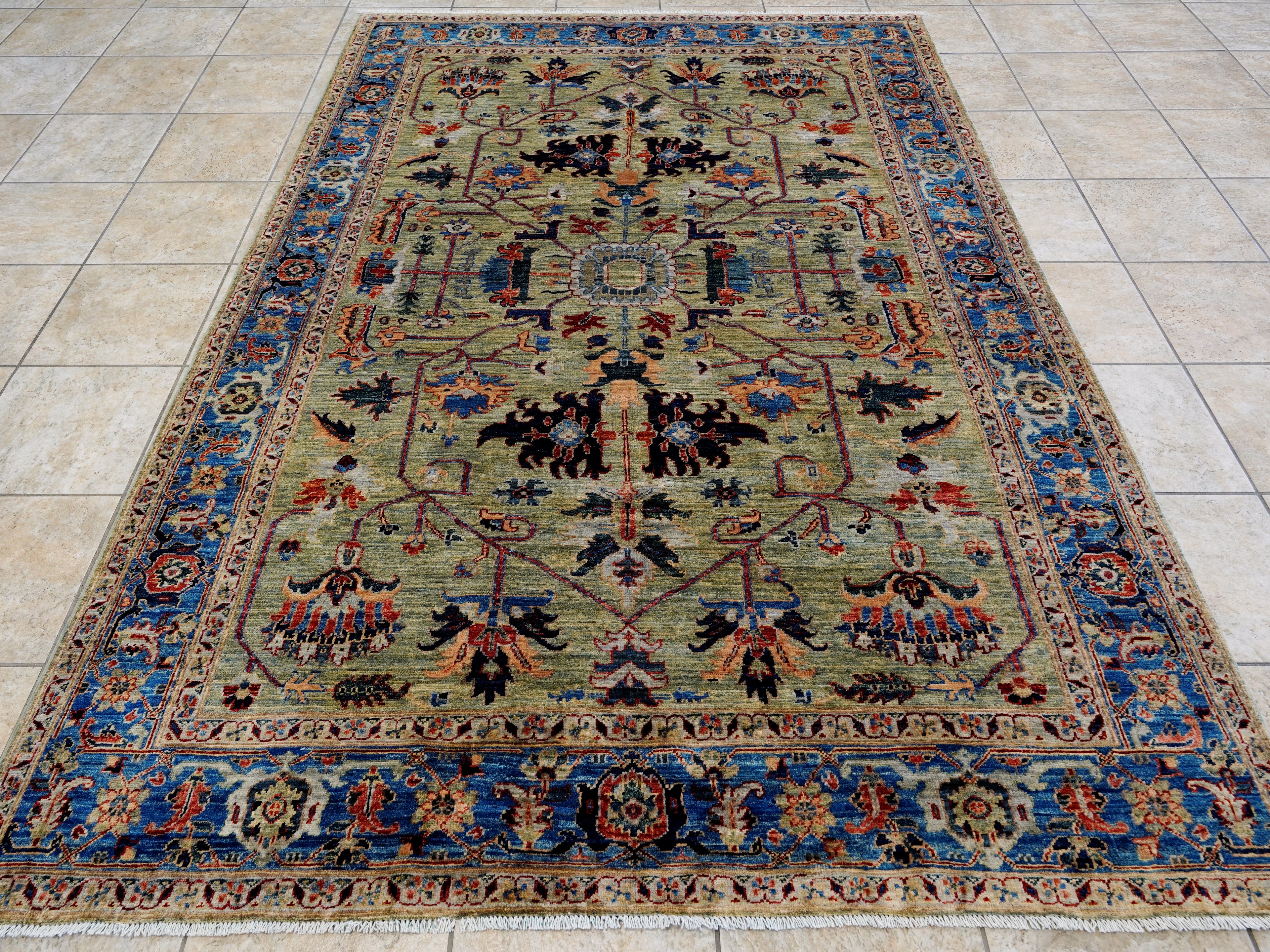 6x9 Ft Green Serapi Rug - Oriental Area Rug - Floral Design