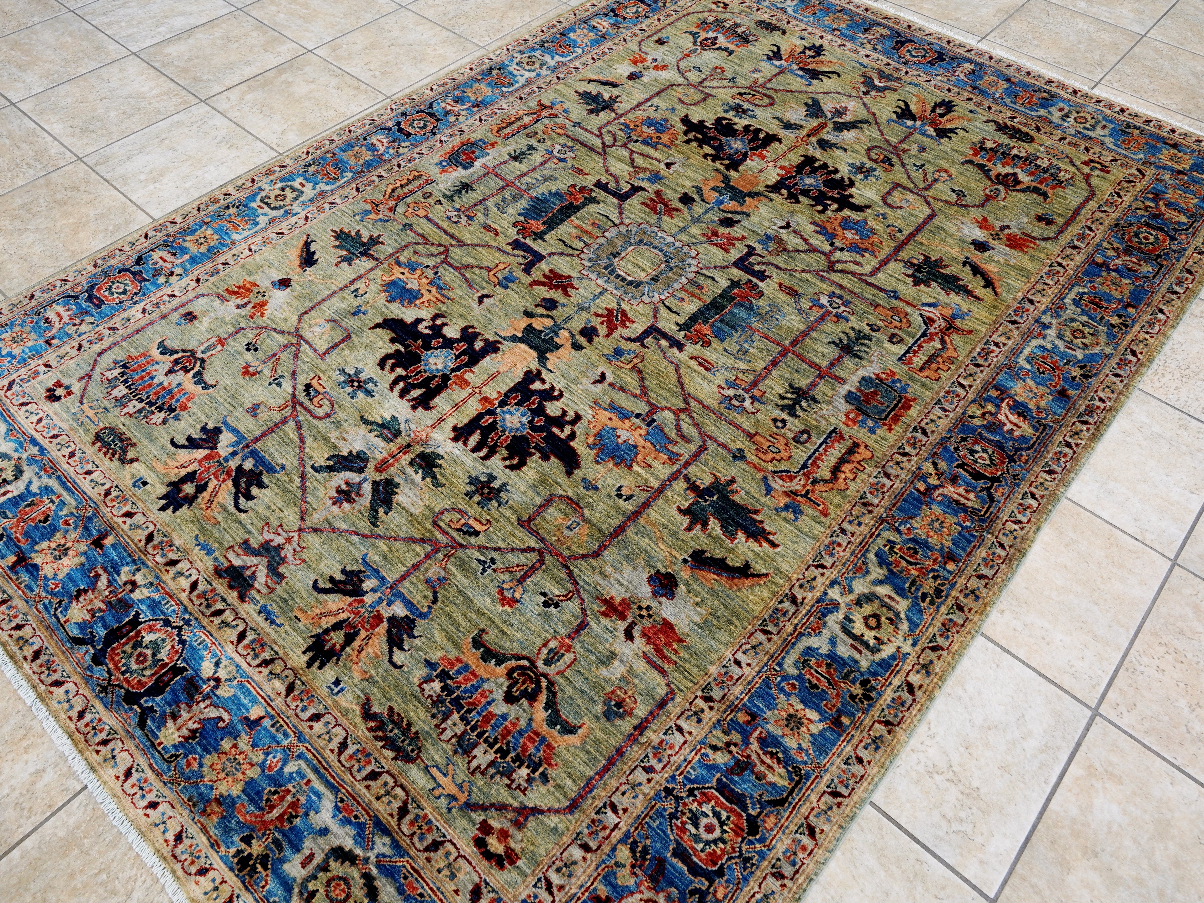 6x9 Ft Green Serapi Rug - Oriental Area Rug - Floral Design