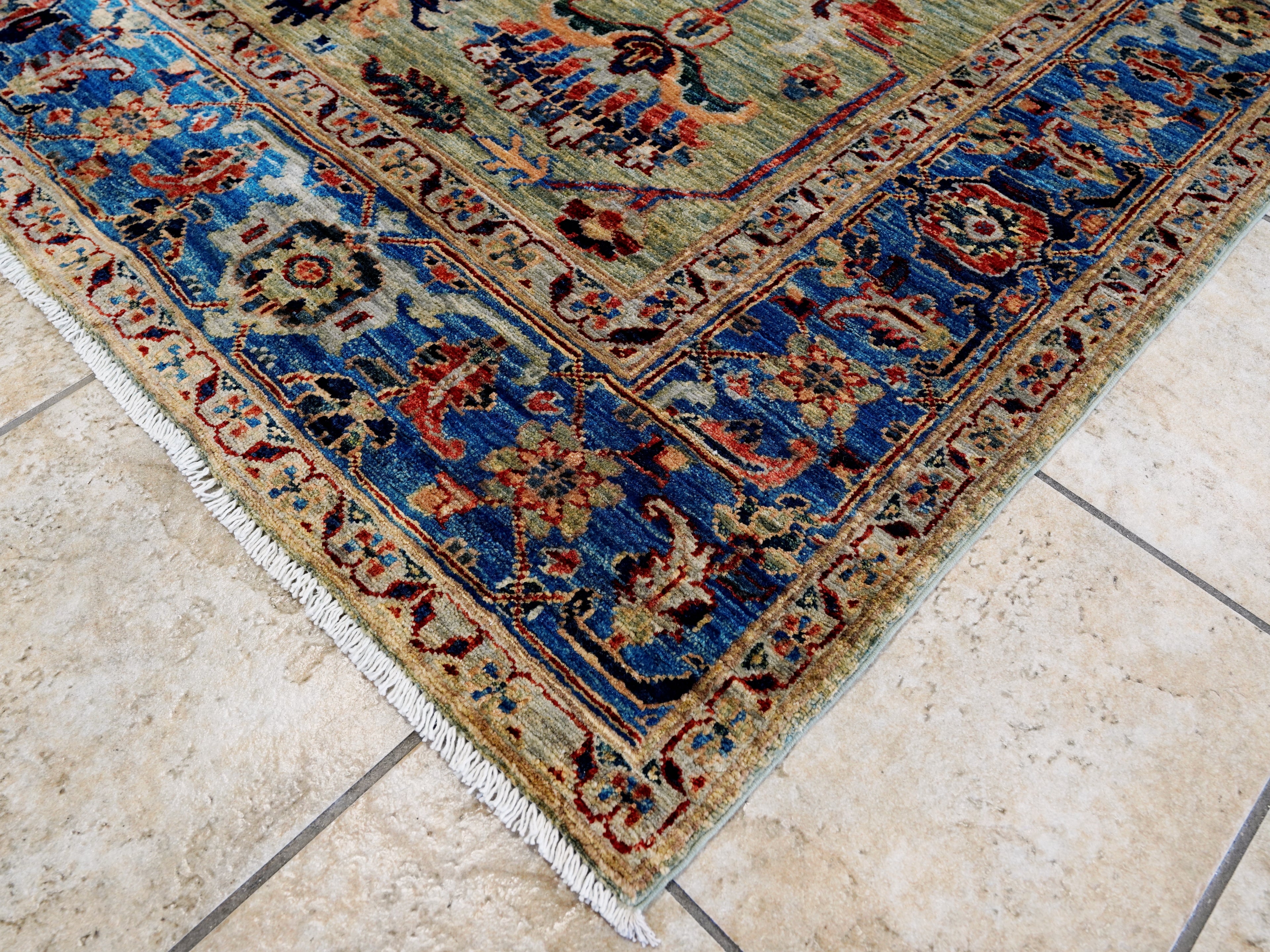6x9 Ft Green Serapi Rug - Oriental Area Rug - Floral Design