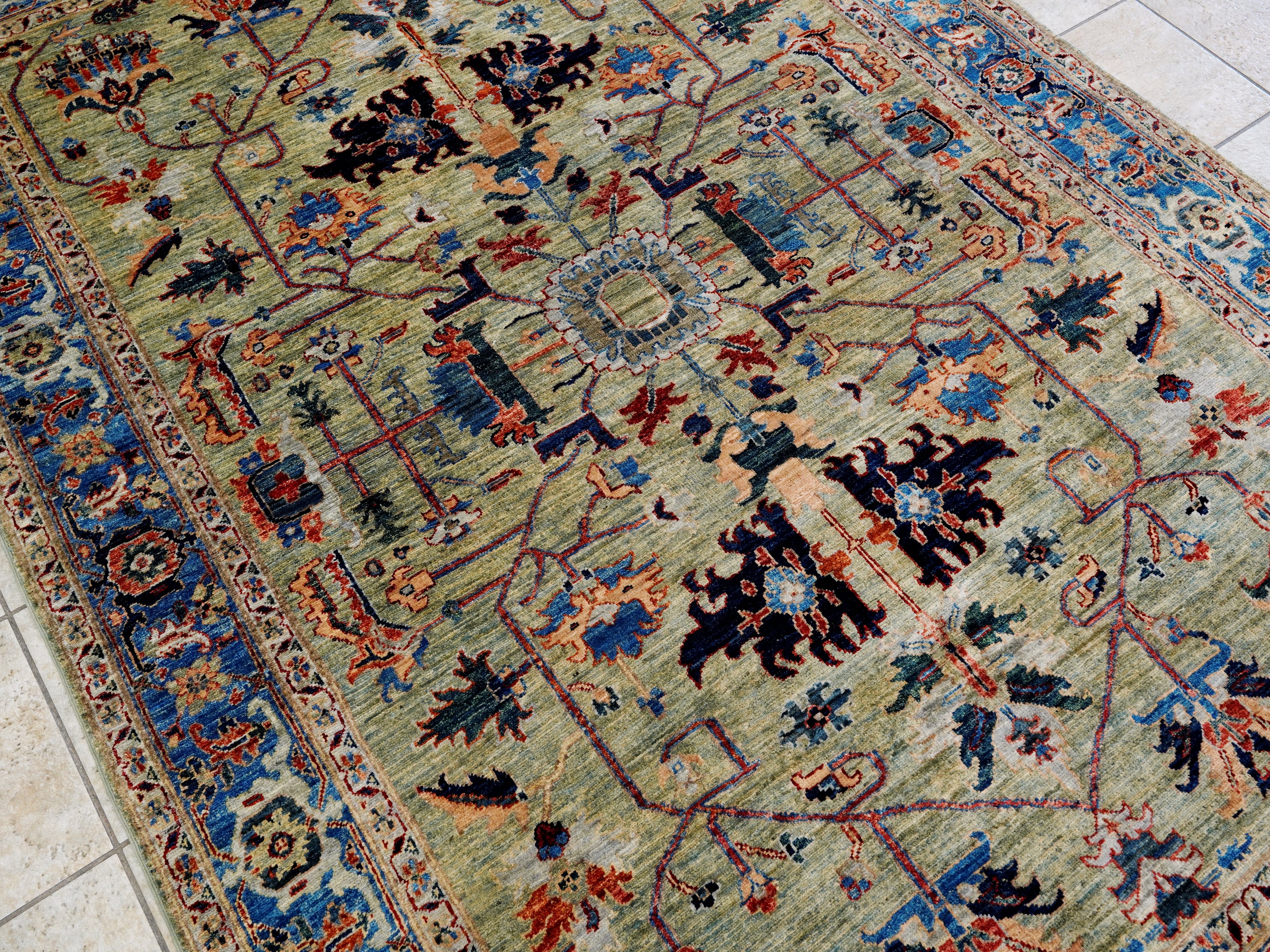 6x9 Ft Green Serapi Rug - Oriental Area Rug - Floral Design