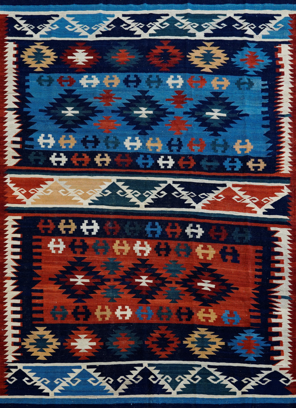 7x10 Ft Blue Red Kilim Rug - Handwoven Afghan Flatweave