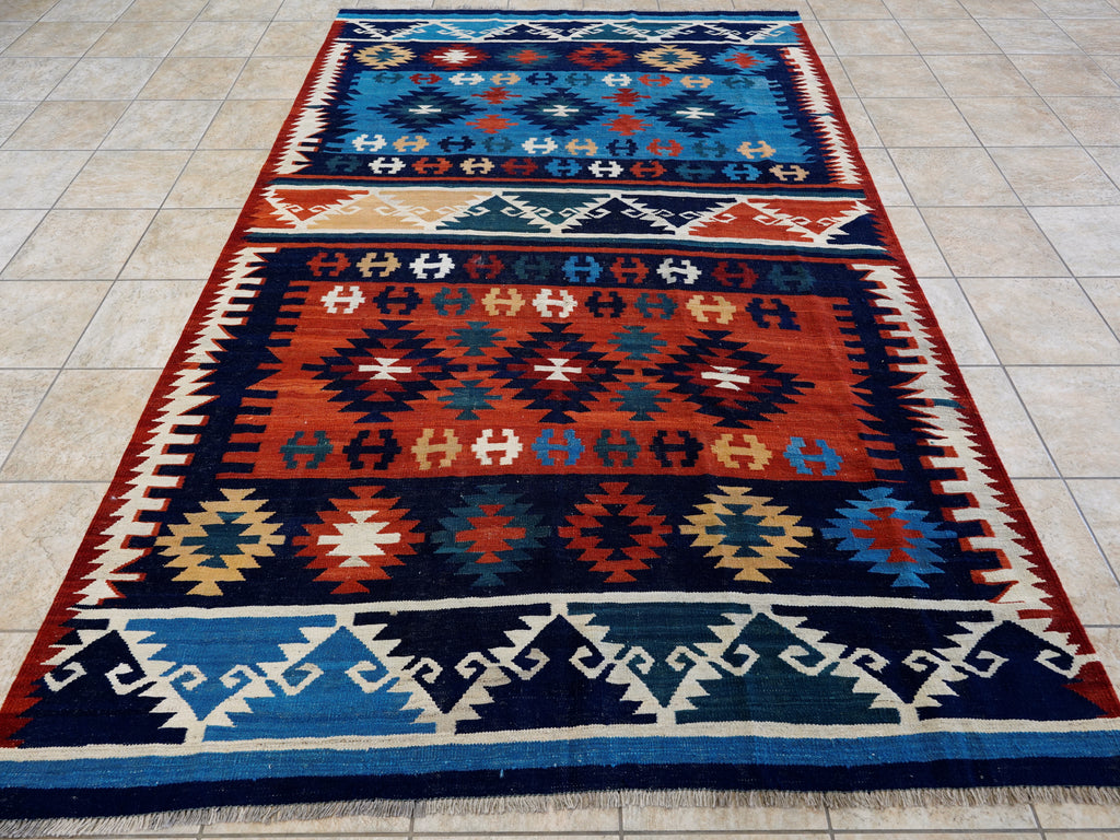 7x10 Ft Blue Red Kilim Rug - Handwoven Afghan Flatweave
