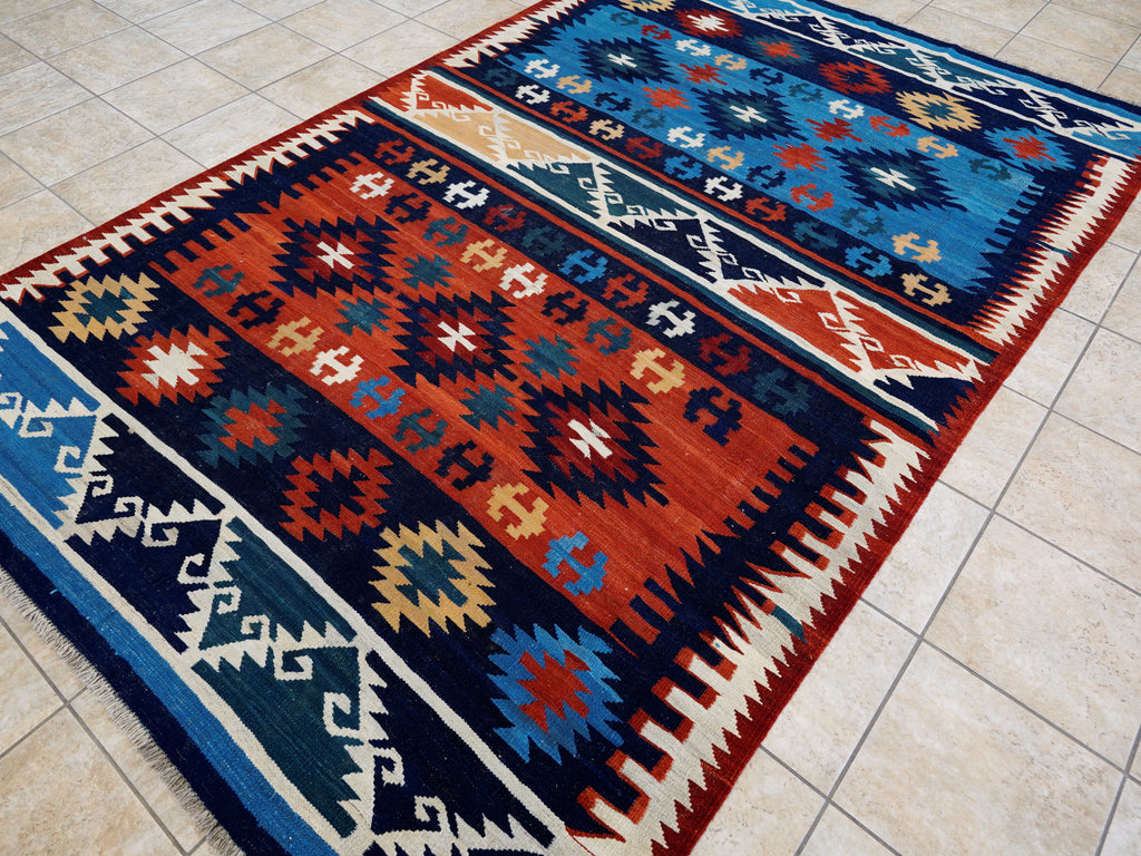 7x10 Ft Blue Red Kilim Rug - Handwoven Afghan Flatweave