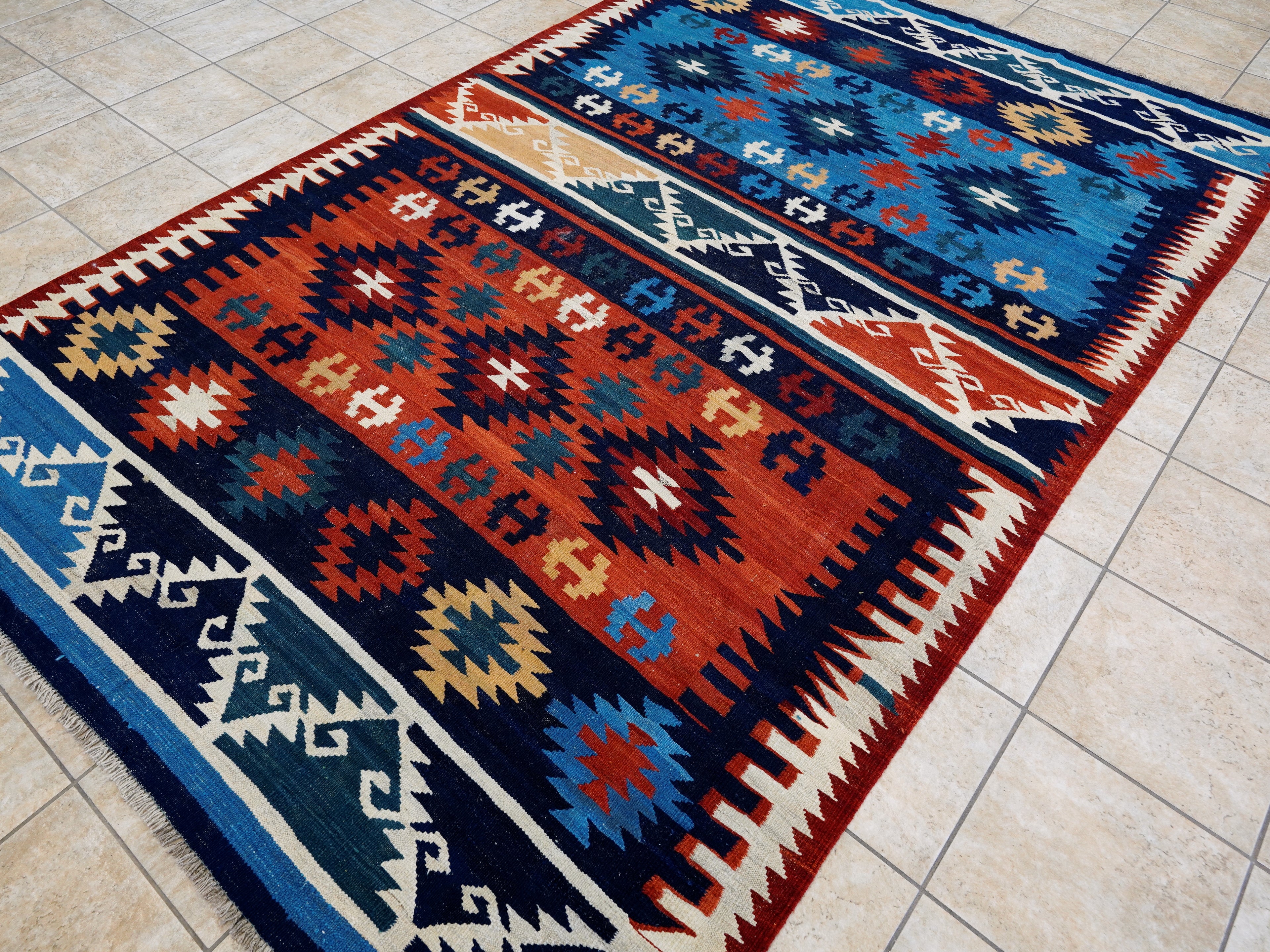 7x10 Ft Blue Red Kilim Rug - Handwoven Afghan Flatweave