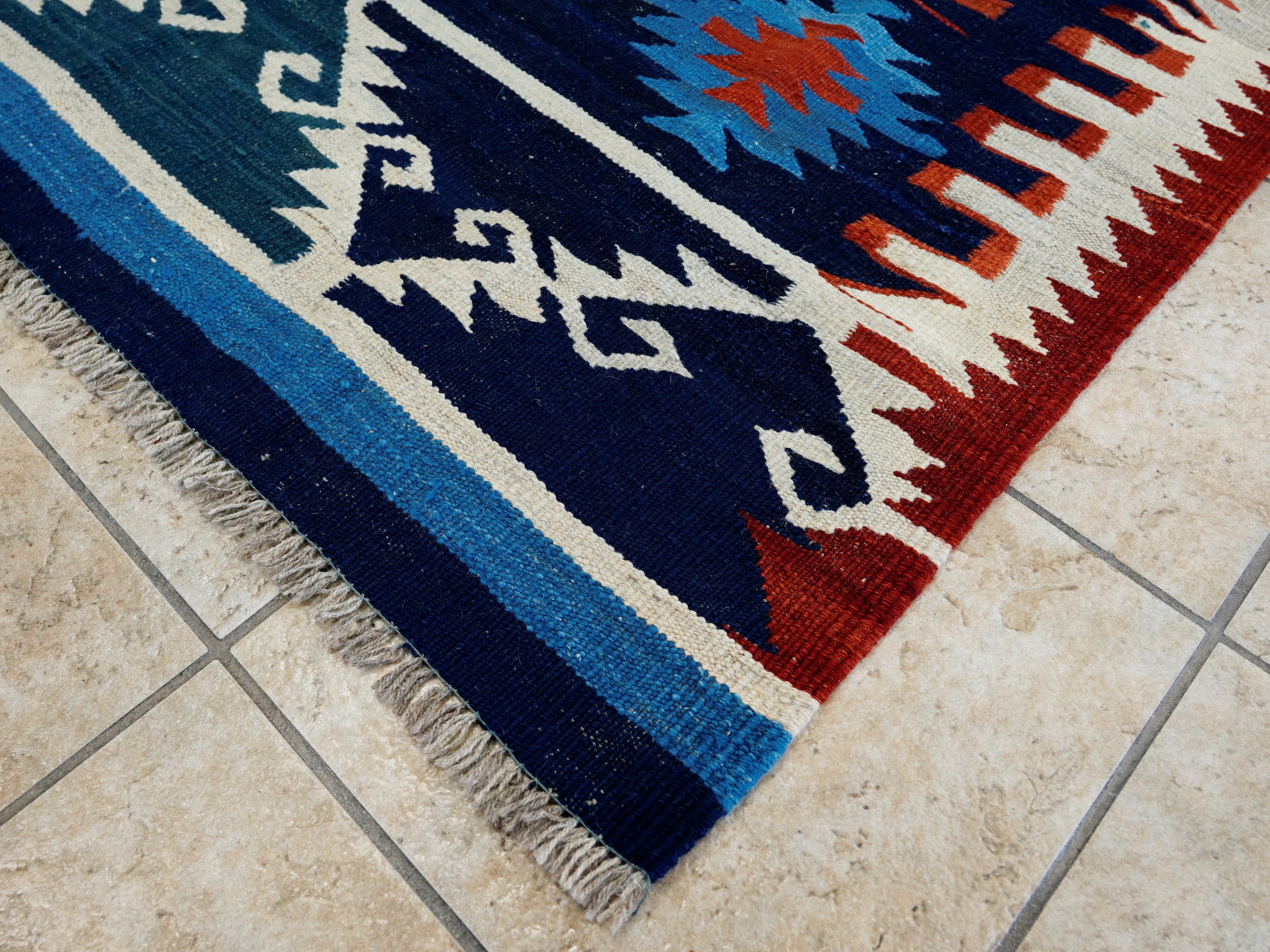 7x10 Ft Blue Red Kilim Rug - Handwoven Afghan Flatweave