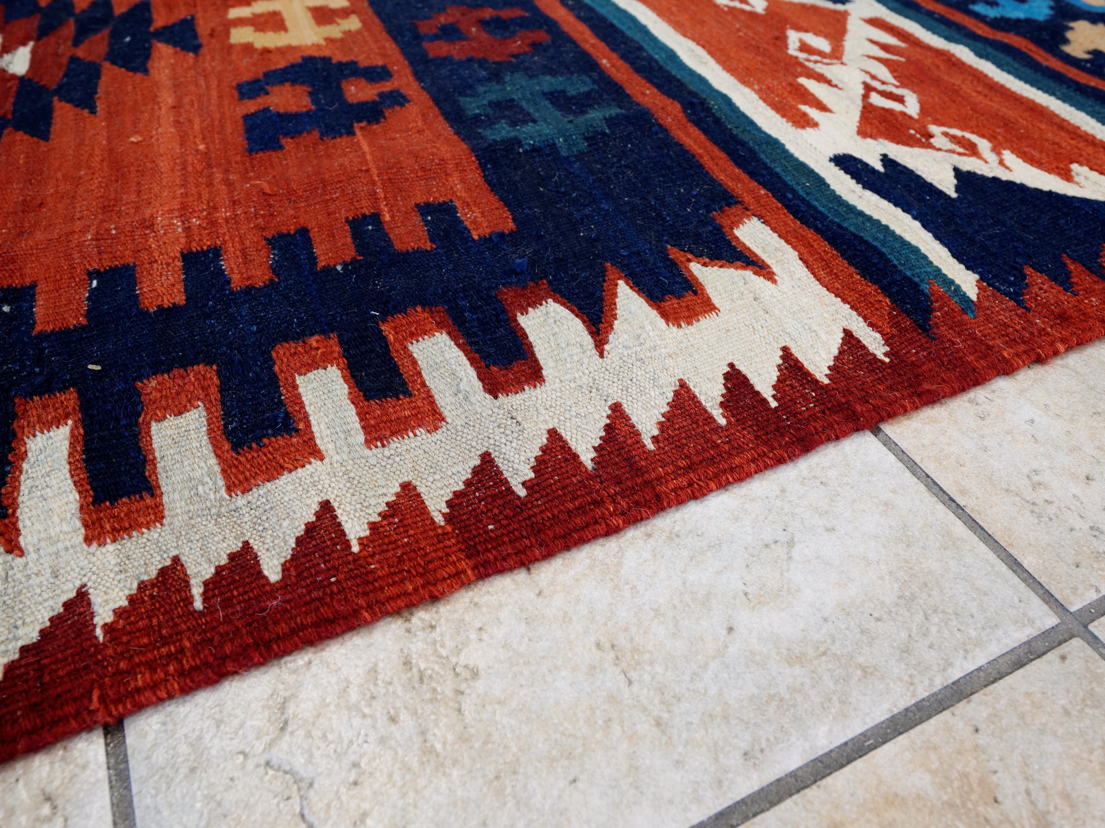 7x10 Ft Blue Red Kilim Rug - Handwoven Afghan Flatweave