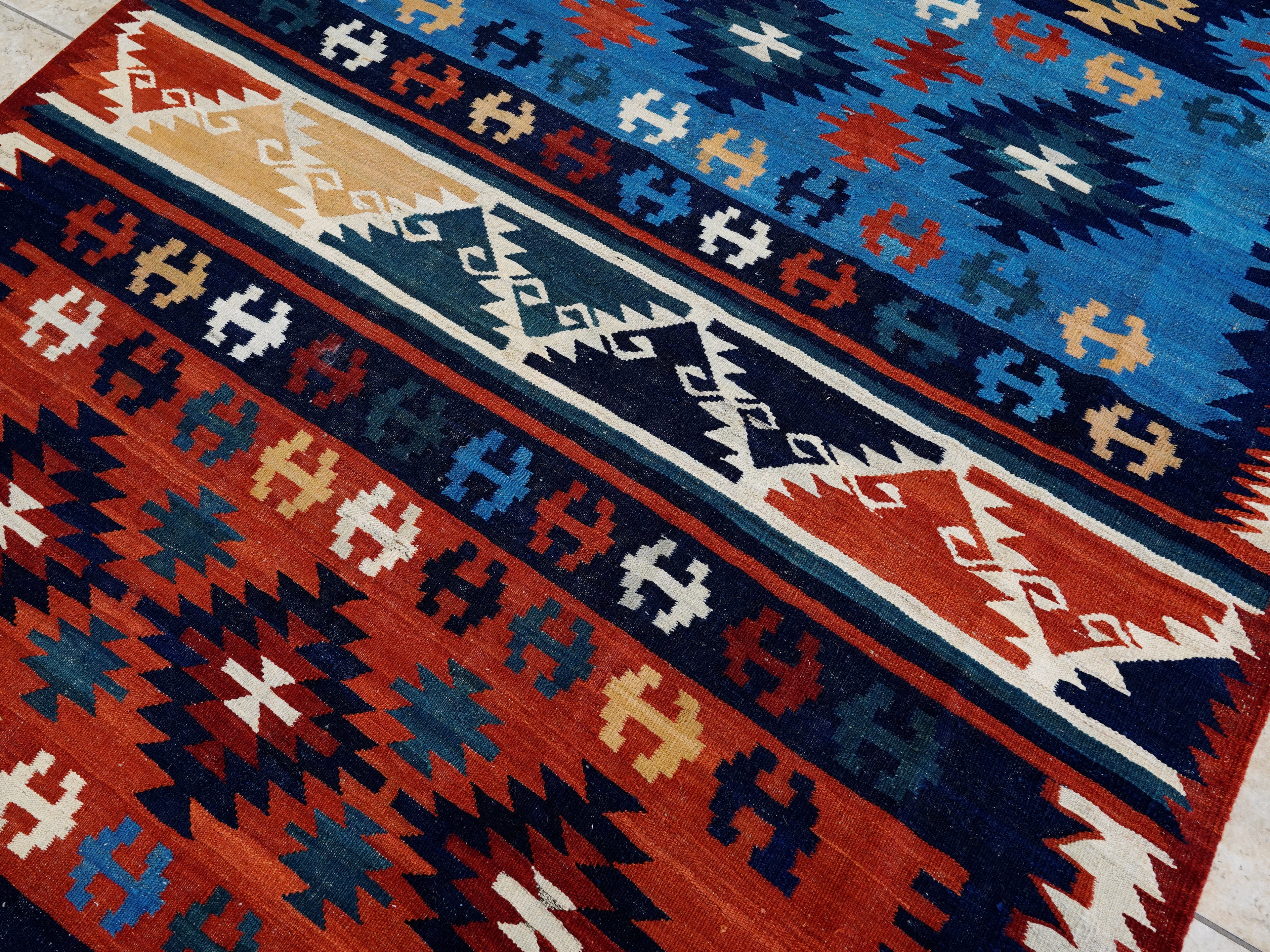7x10 Ft Blue Red Kilim Rug - Handwoven Afghan Flatweave