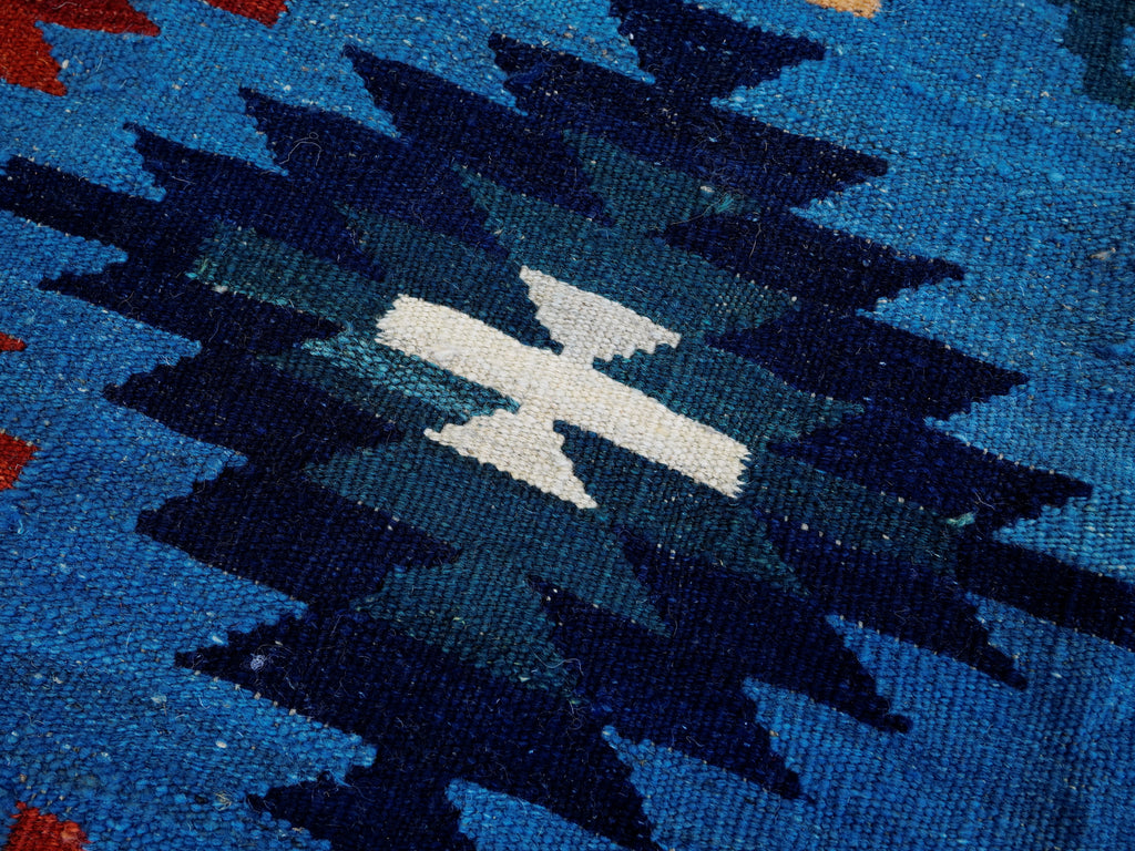 7x10 Ft Blue Red Kilim Rug - Handwoven Afghan Flatweave