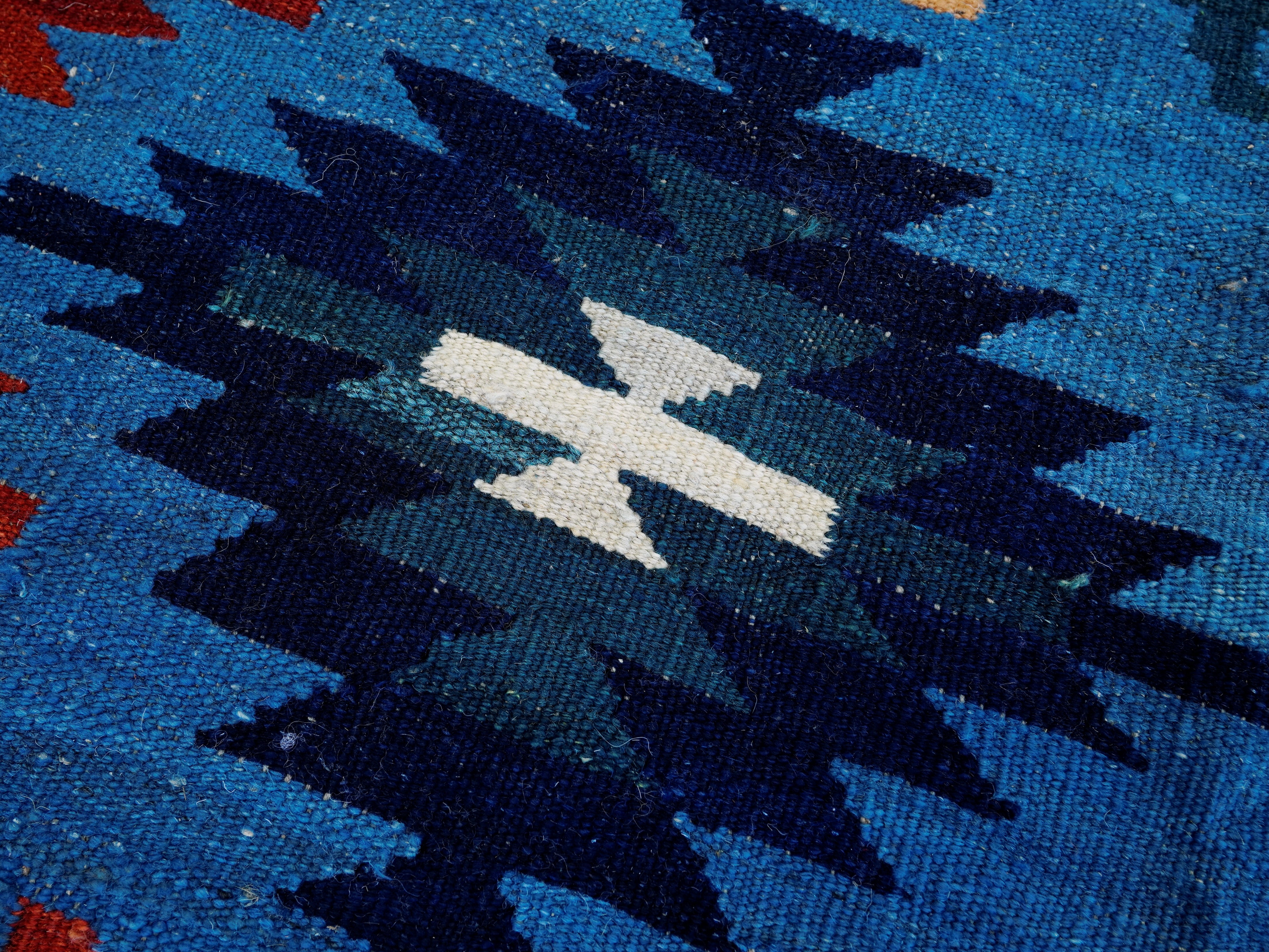 7x10 Ft Blue Red Kilim Rug - Handwoven Afghan Flatweave