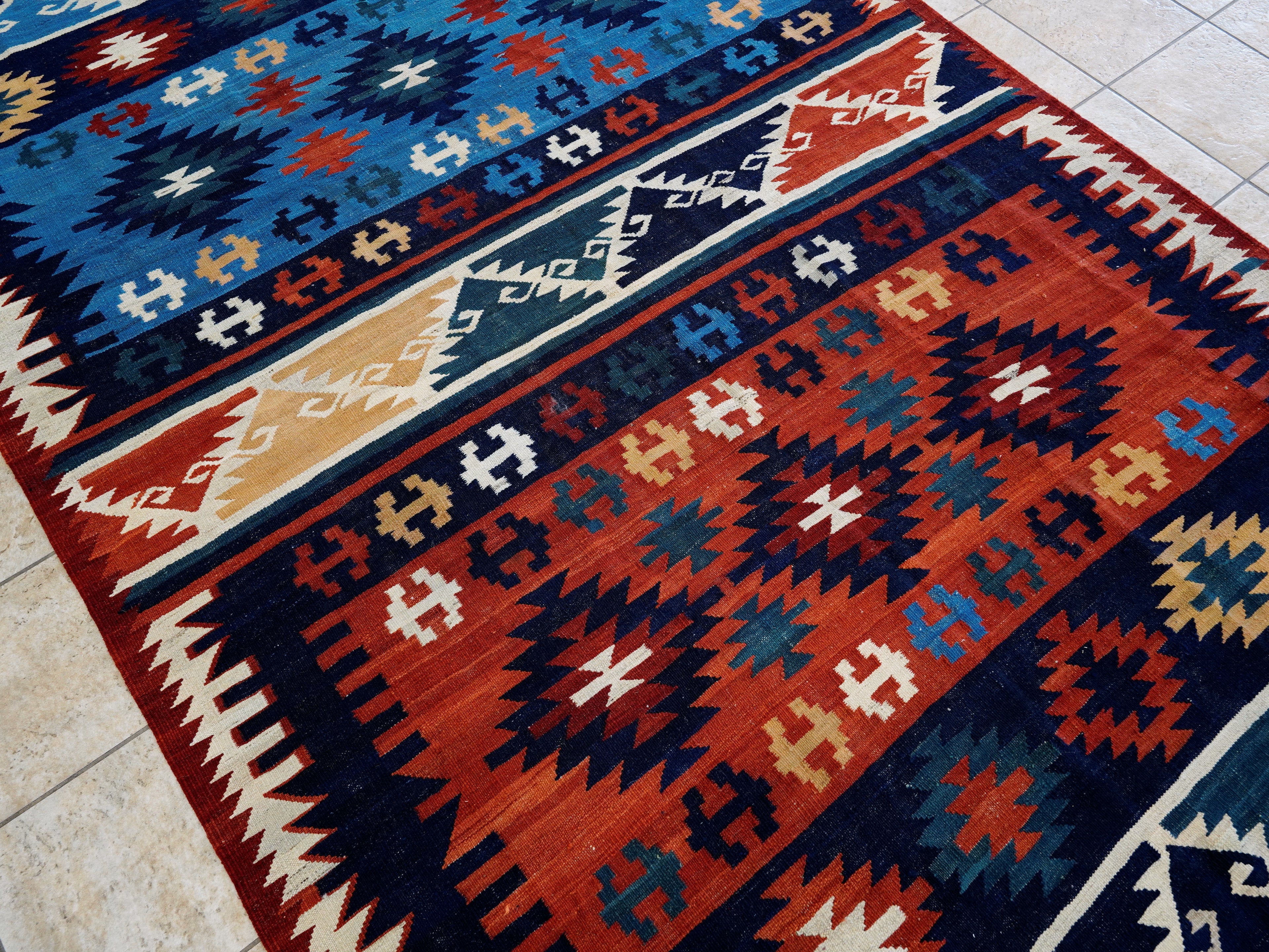 7x10 Ft Blue Red Kilim Rug - Handwoven Afghan Flatweave