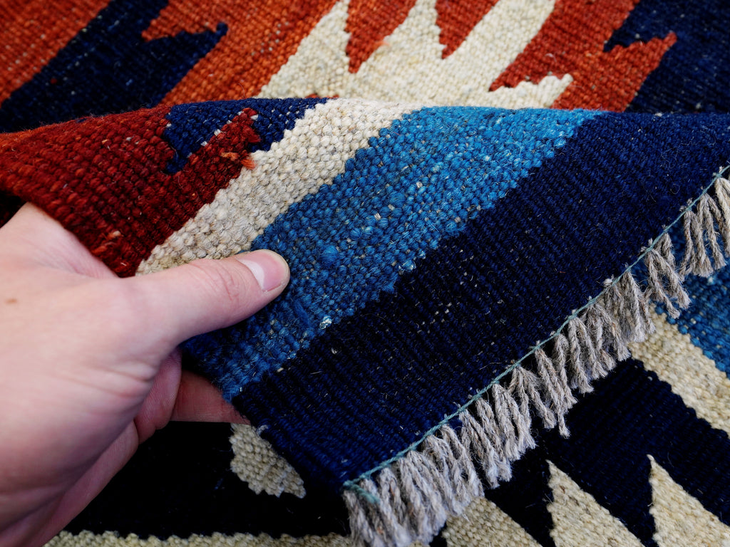 7x10 Ft Blue Red Kilim Rug - Handwoven Afghan Flatweave