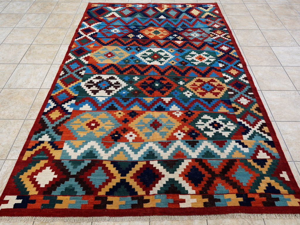 6x9 Ft Red & Blue Maimana Kilim Rug - Hand Knotted Wool Tribal Rug