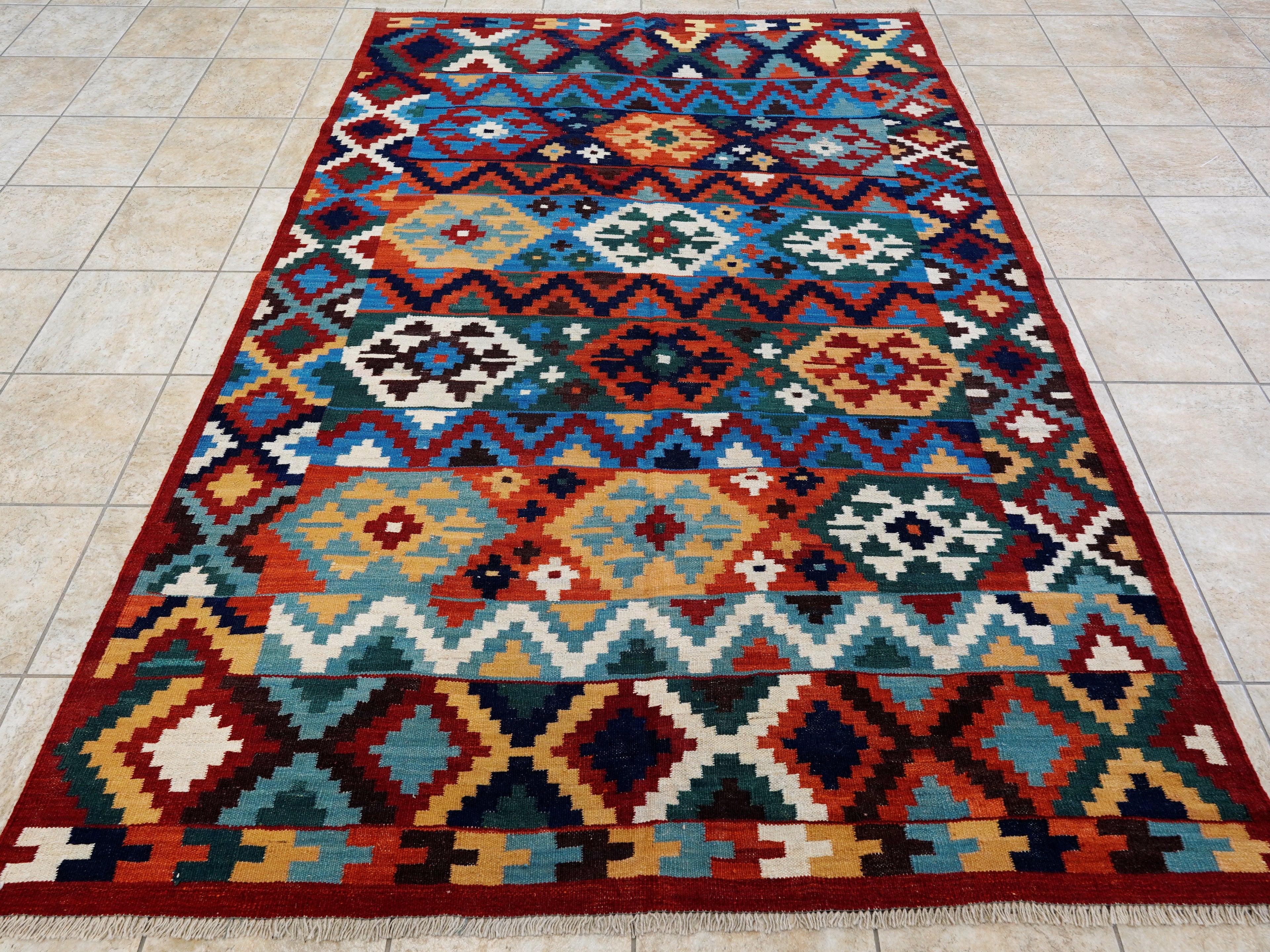 6x9 Ft Red & Blue Maimana Kilim Rug - Hand Knotted Wool Tribal Rug