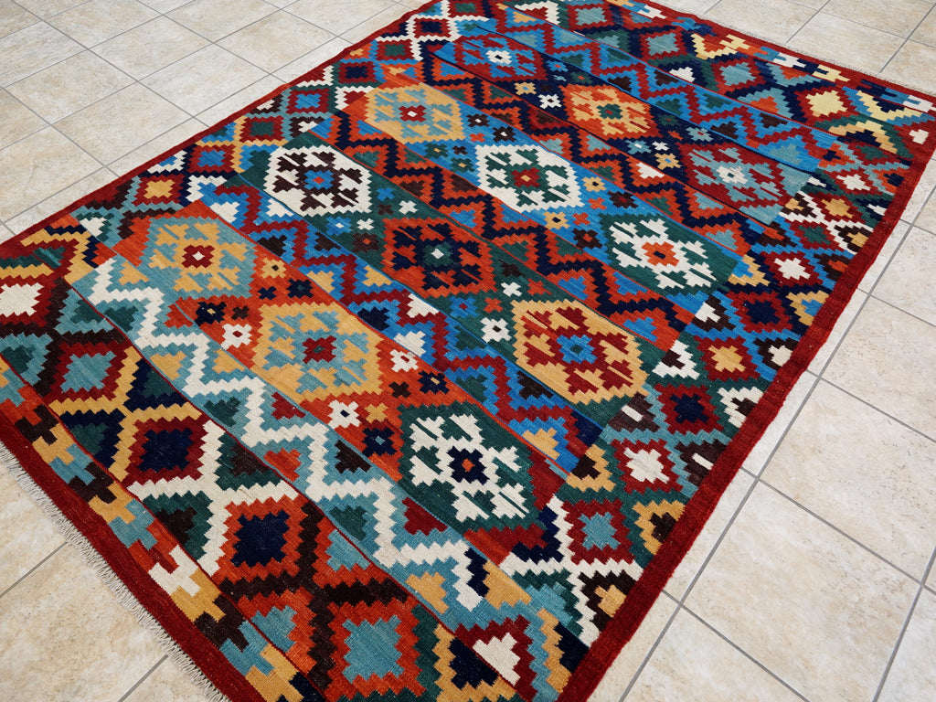 6x9 Ft Red & Blue Maimana Kilim Rug - Hand Knotted Wool Tribal Rug
