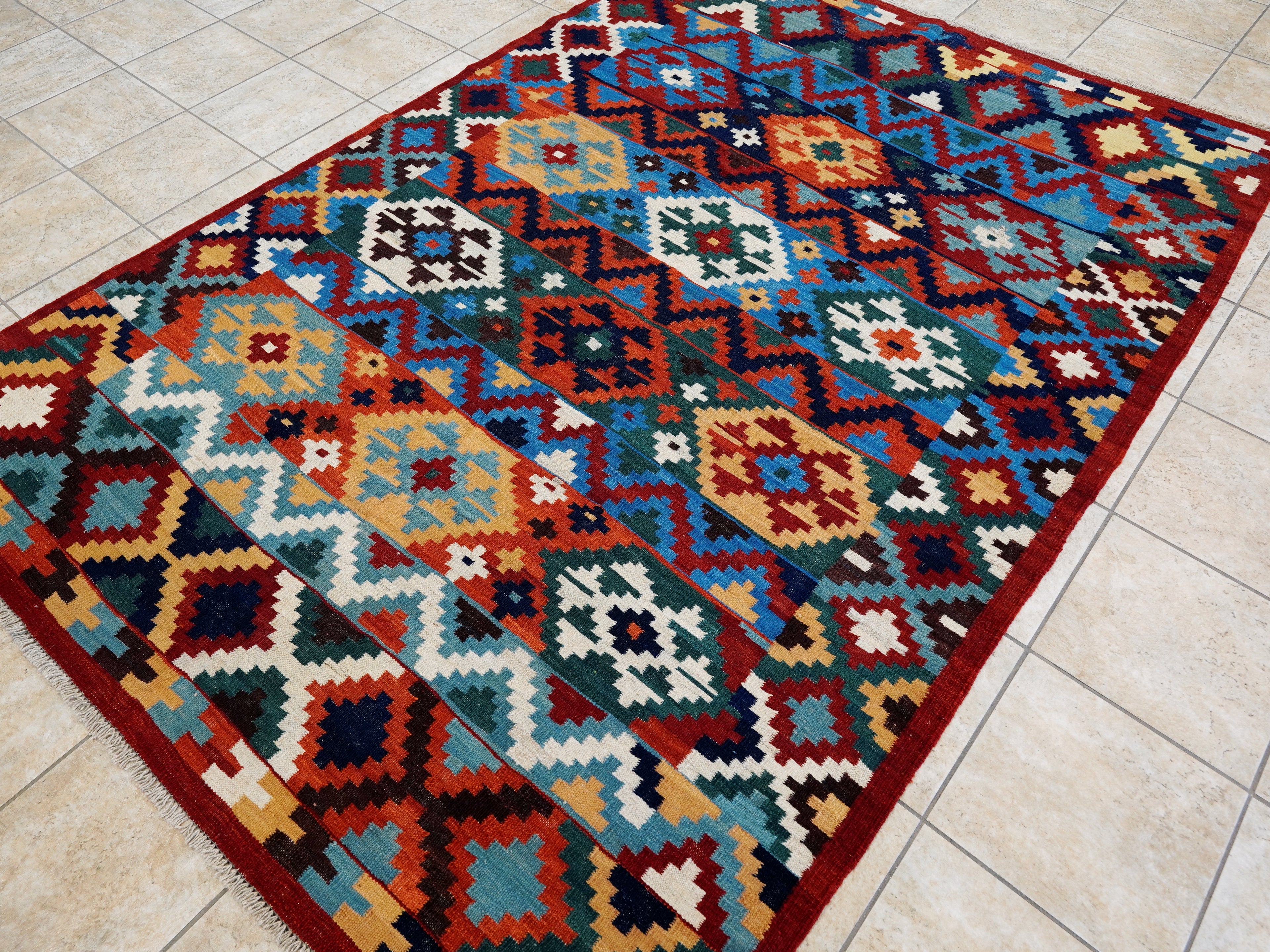 6x9 Ft Red & Blue Maimana Kilim Rug - Hand Knotted Wool Tribal Rug