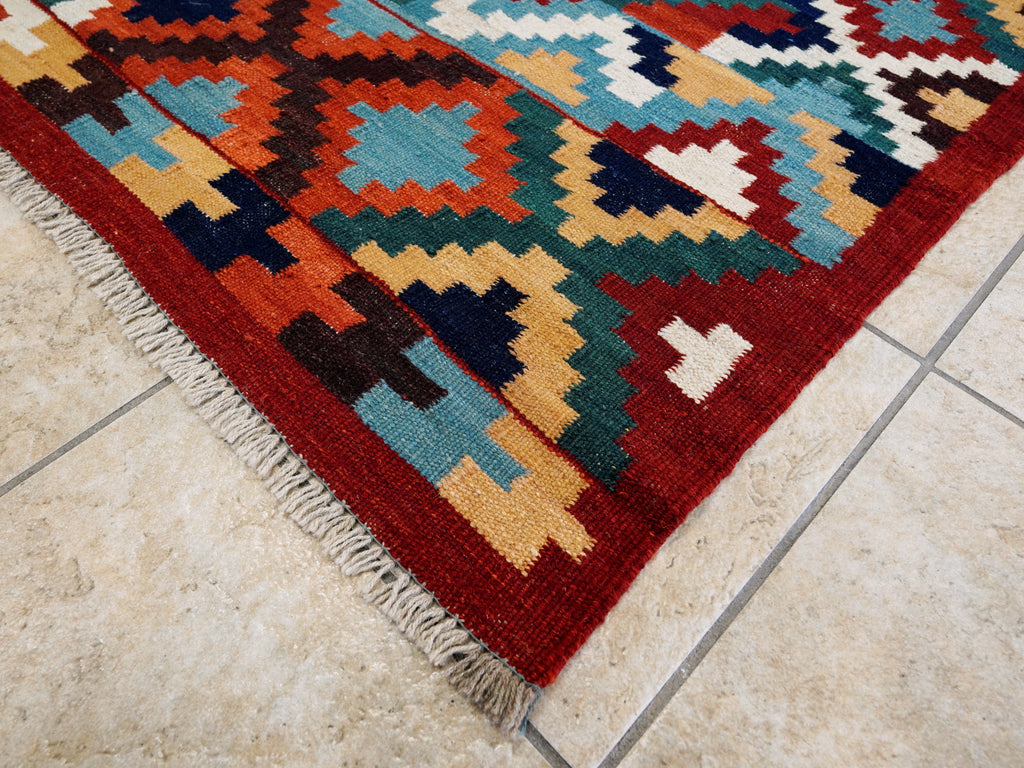 6x9 Ft Red & Blue Maimana Kilim Rug - Hand Knotted Wool Tribal Rug
