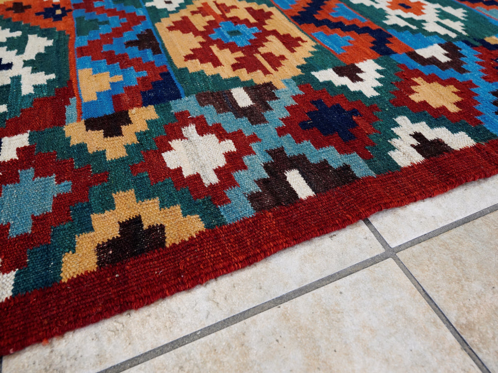 6x9 Ft Red & Blue Maimana Kilim Rug - Hand Knotted Wool Tribal Rug