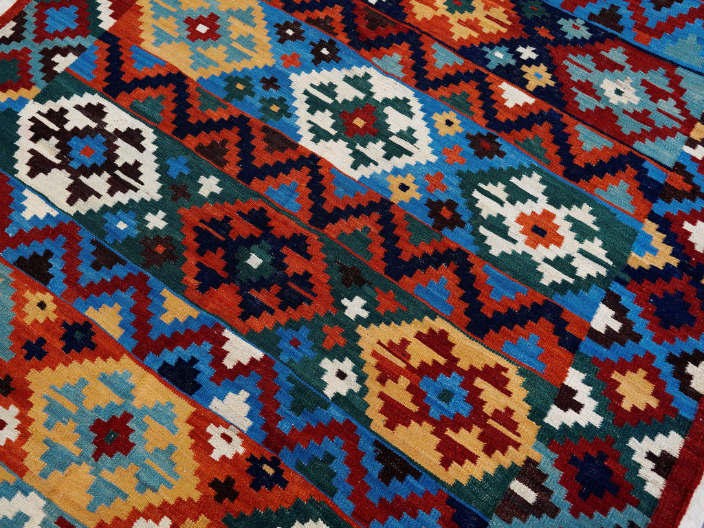 6x9 Ft Red & Blue Maimana Kilim Rug - Hand Knotted Wool Tribal Rug