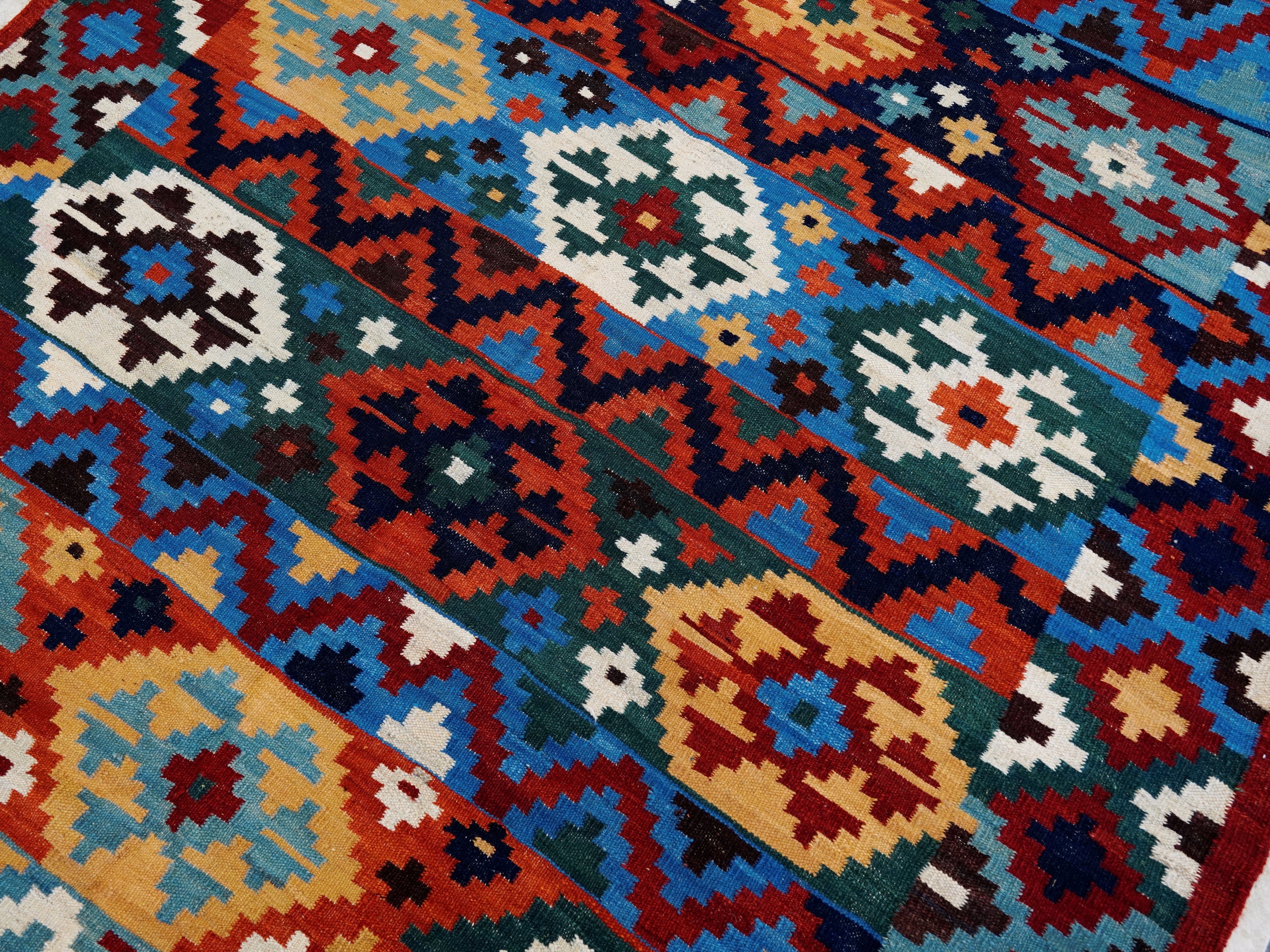 6x9 Ft Red & Blue Maimana Kilim Rug - Hand Knotted Wool Tribal Rug