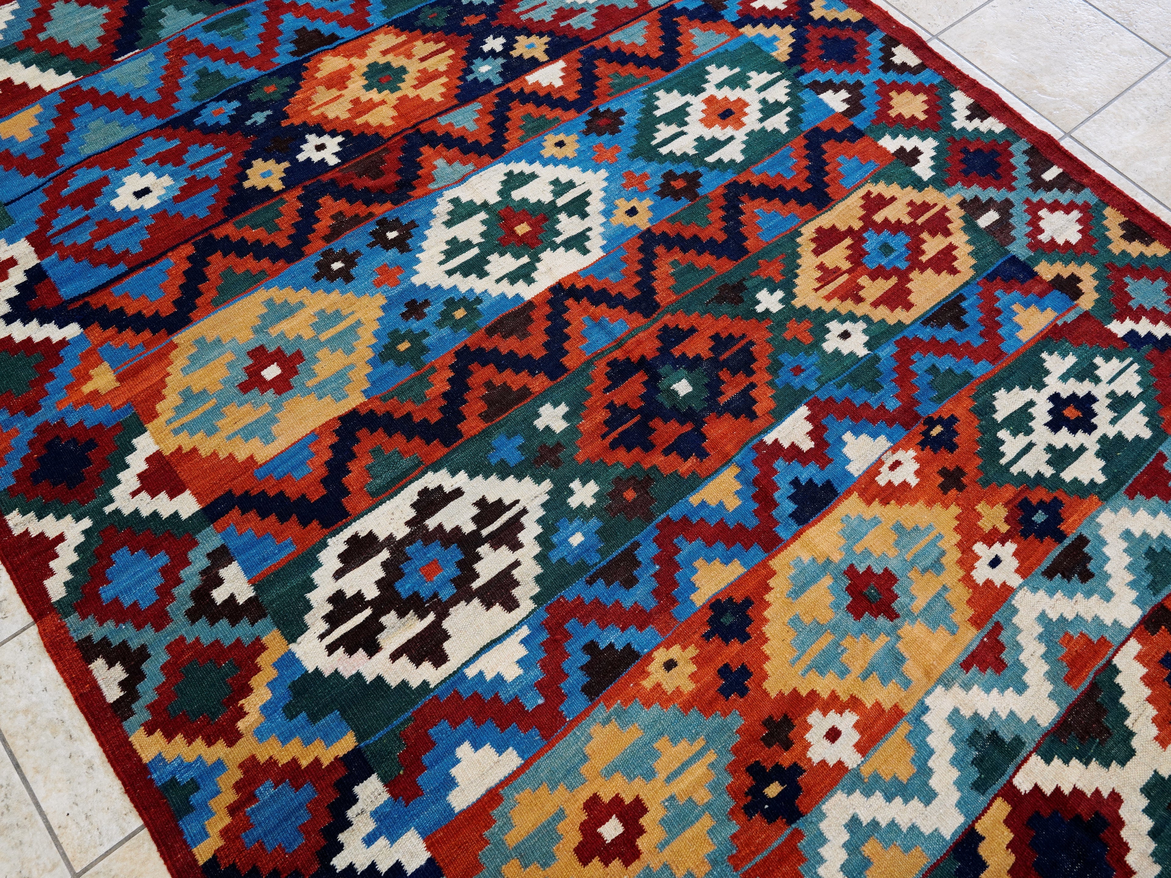 6x9 Ft Red & Blue Maimana Kilim Rug - Hand Knotted Wool Tribal Rug