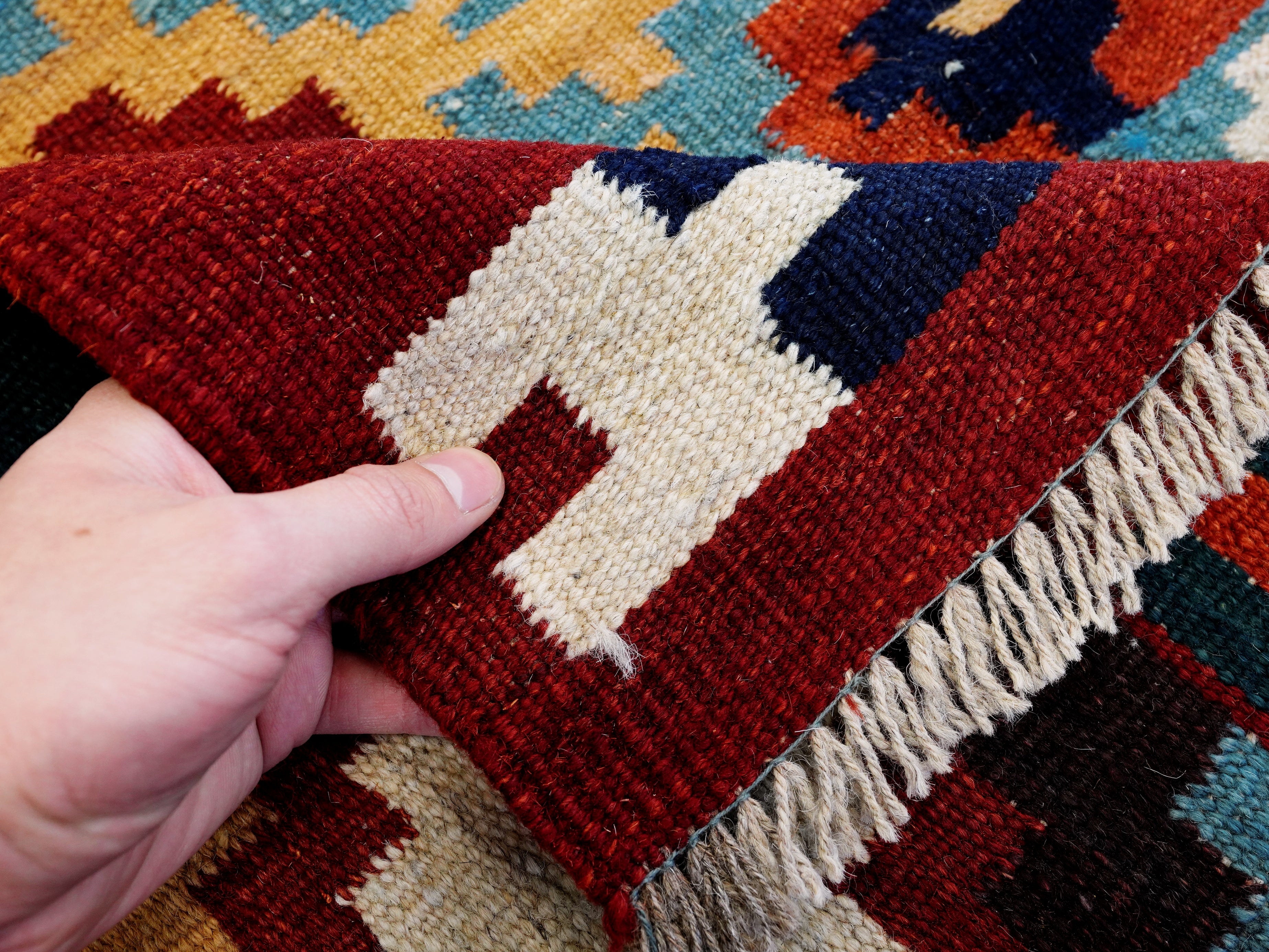 6x9 Ft Red & Blue Maimana Kilim Rug - Hand Knotted Wool Tribal Rug