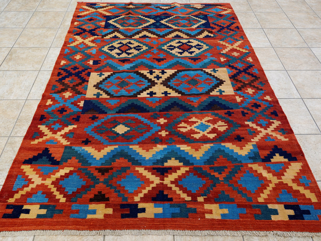 6x8 Ft Red Kilim Rug - Afghan Tribal Flat Weave