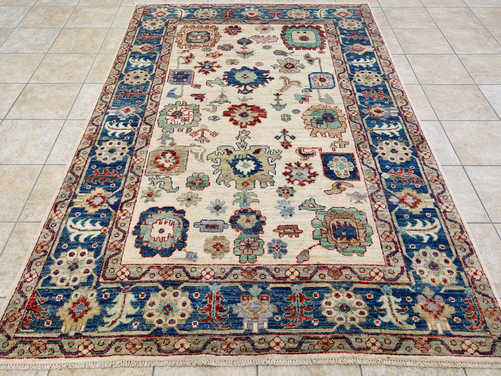 6x9 Ft Blue & White Oushak Rug - Handmade Area Rug - Floral Design