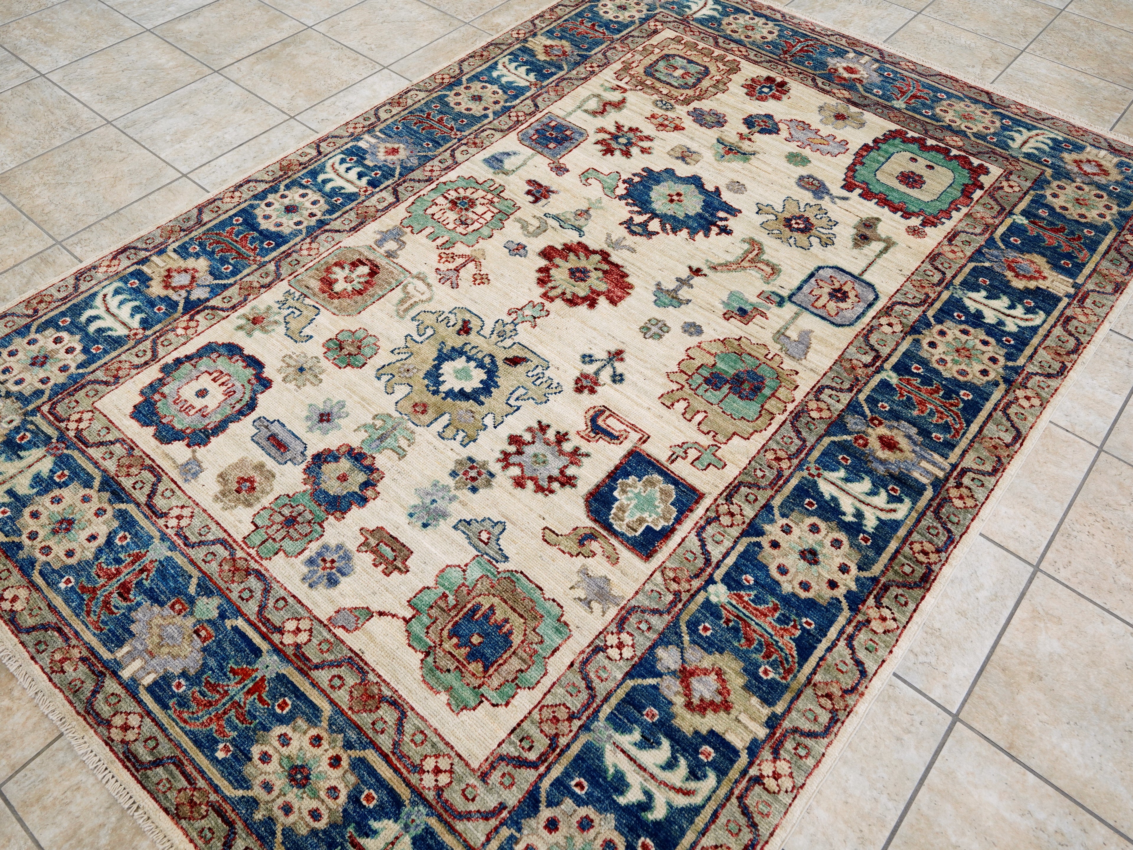 6x9 Ft Blue & White Oushak Rug - Handmade Area Rug - Floral Design