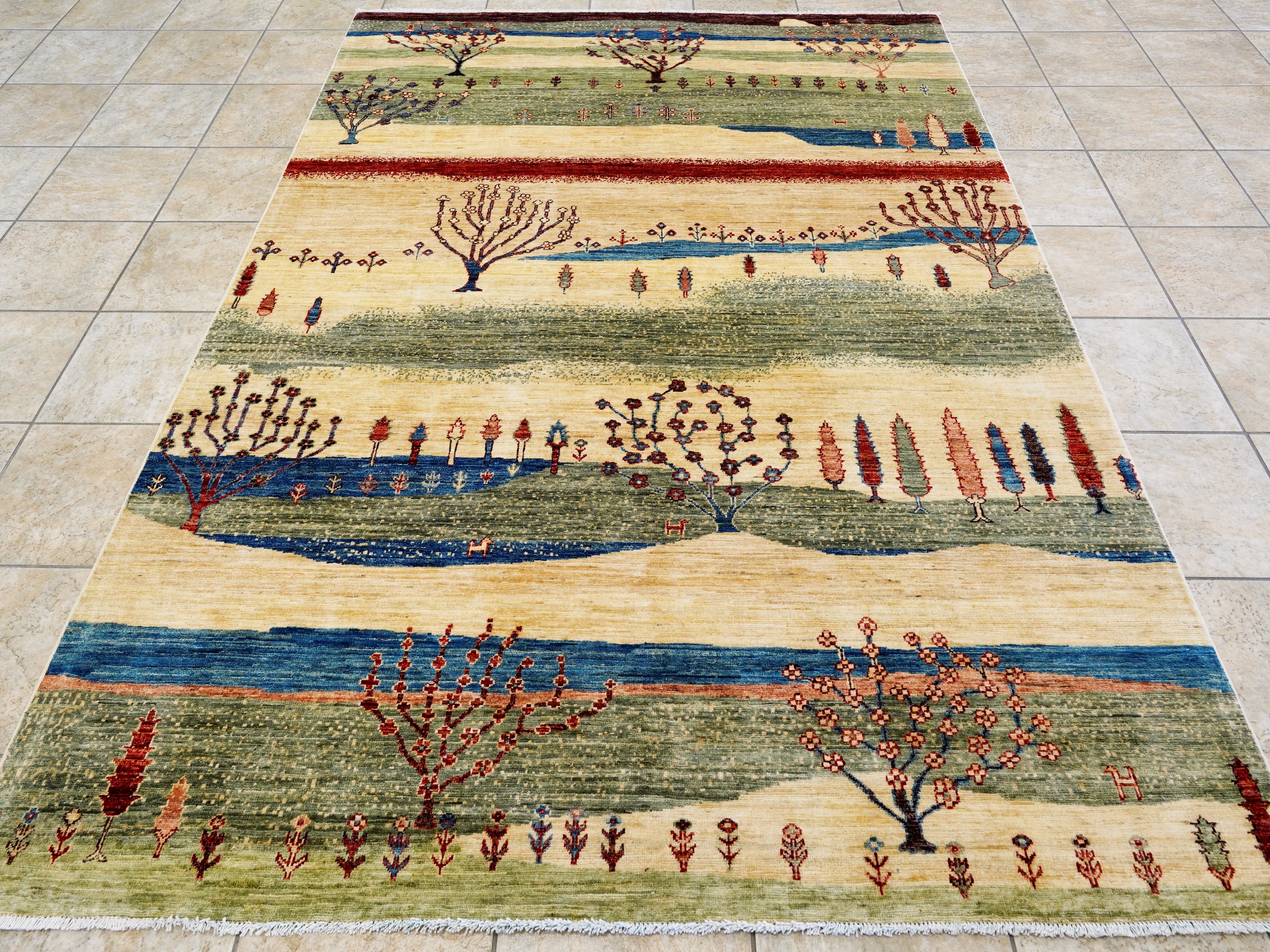 6x9 Green & Beige Landscape Rug – Modern Gabbeh Area Rug - Unique Scandinavian Style