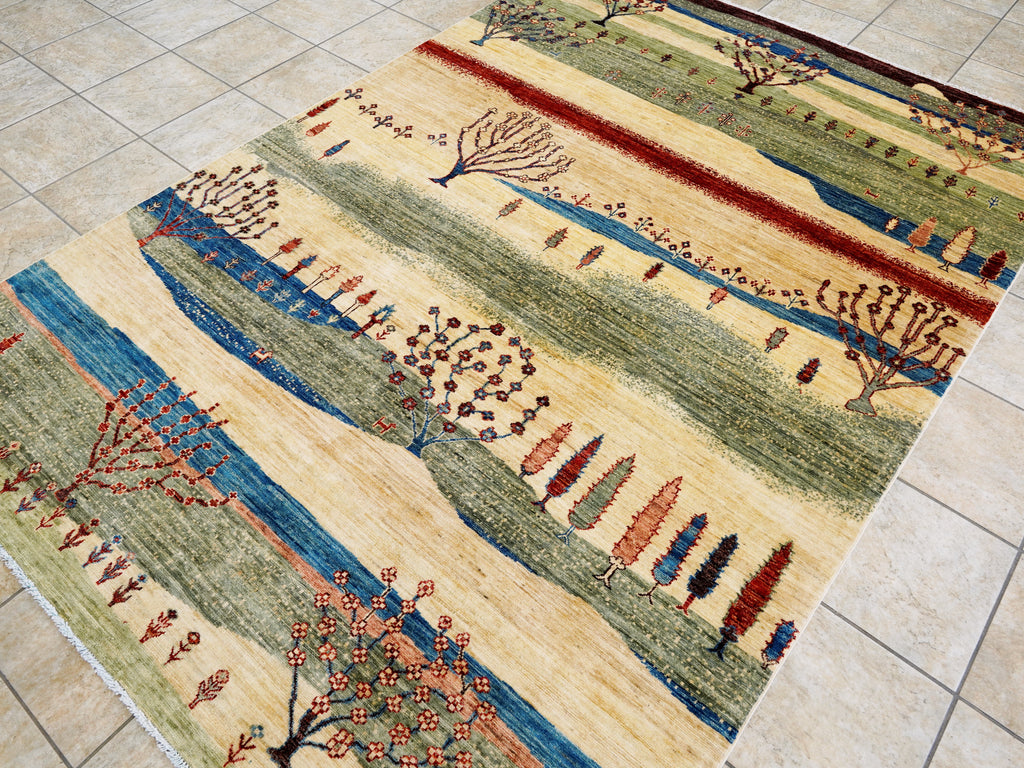 6x9 Green & Beige Landscape Rug – Modern Gabbeh Area Rug - Unique Scandinavian Style