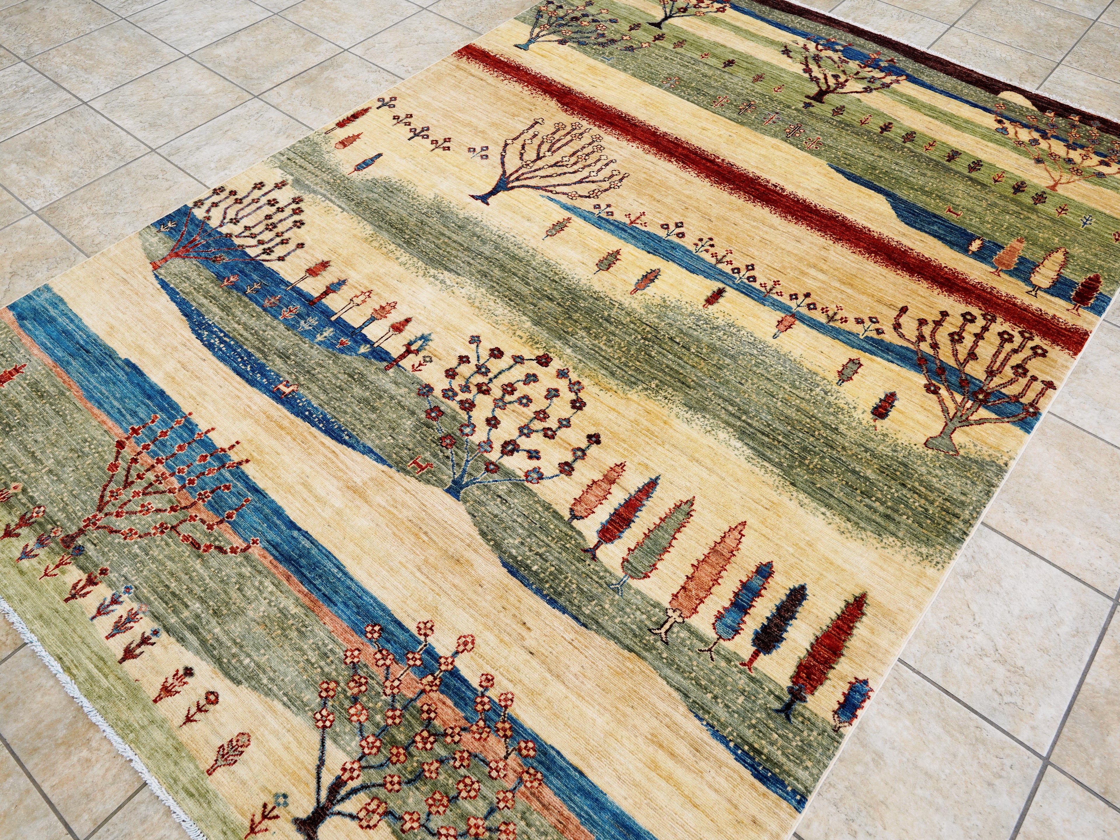 6x9 Green & Beige Landscape Rug – Modern Gabbeh Area Rug - Unique Scandinavian Style