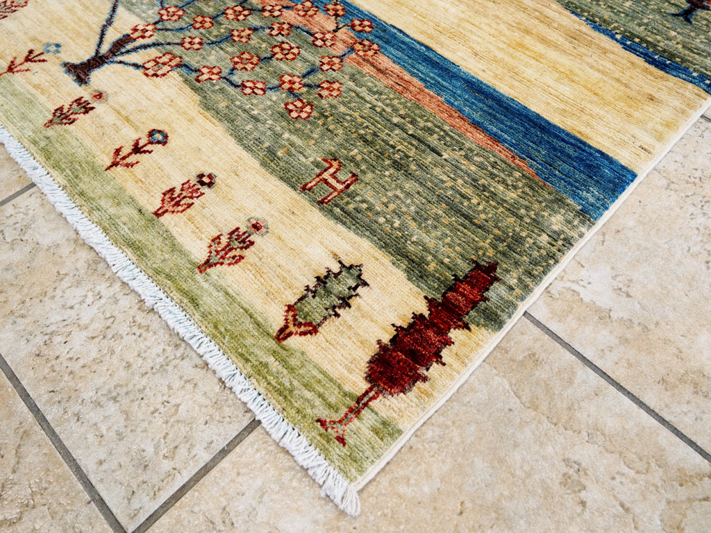 6x9 Green & Beige Landscape Rug – Modern Gabbeh Area Rug - Unique Scandinavian Style