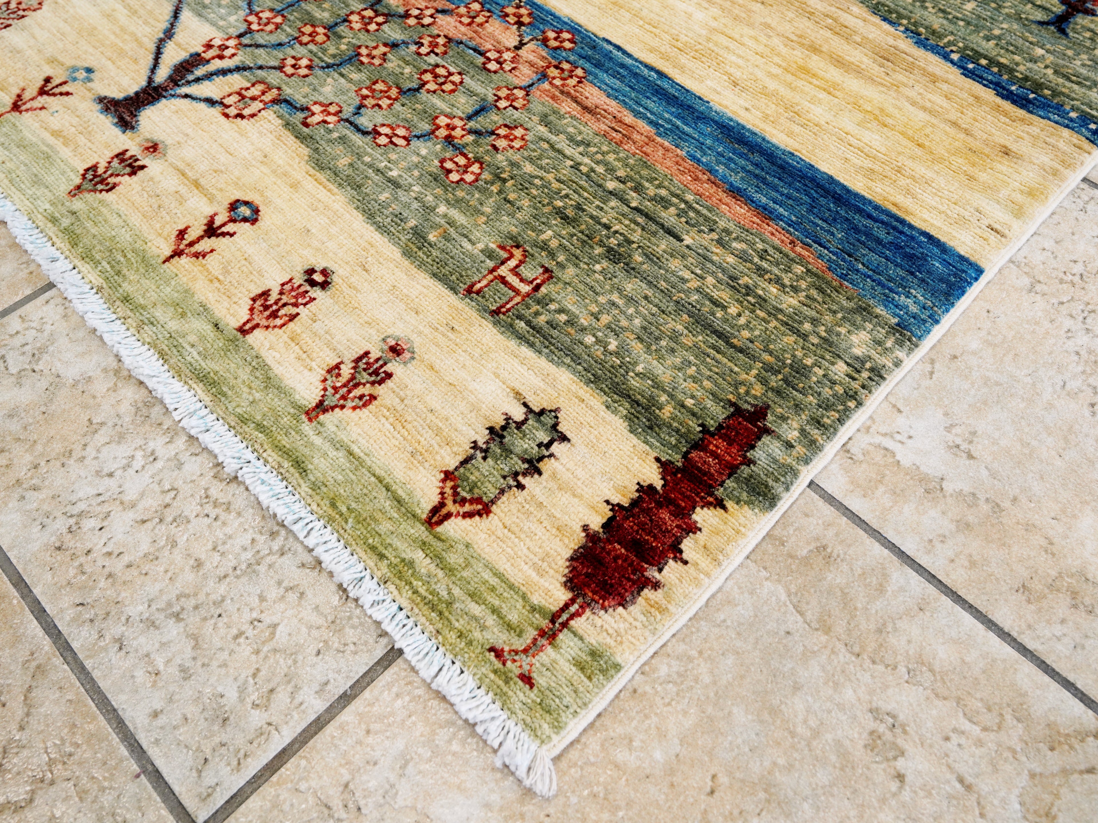 6x9 Green & Beige Landscape Rug – Modern Gabbeh Area Rug - Unique Scandinavian Style