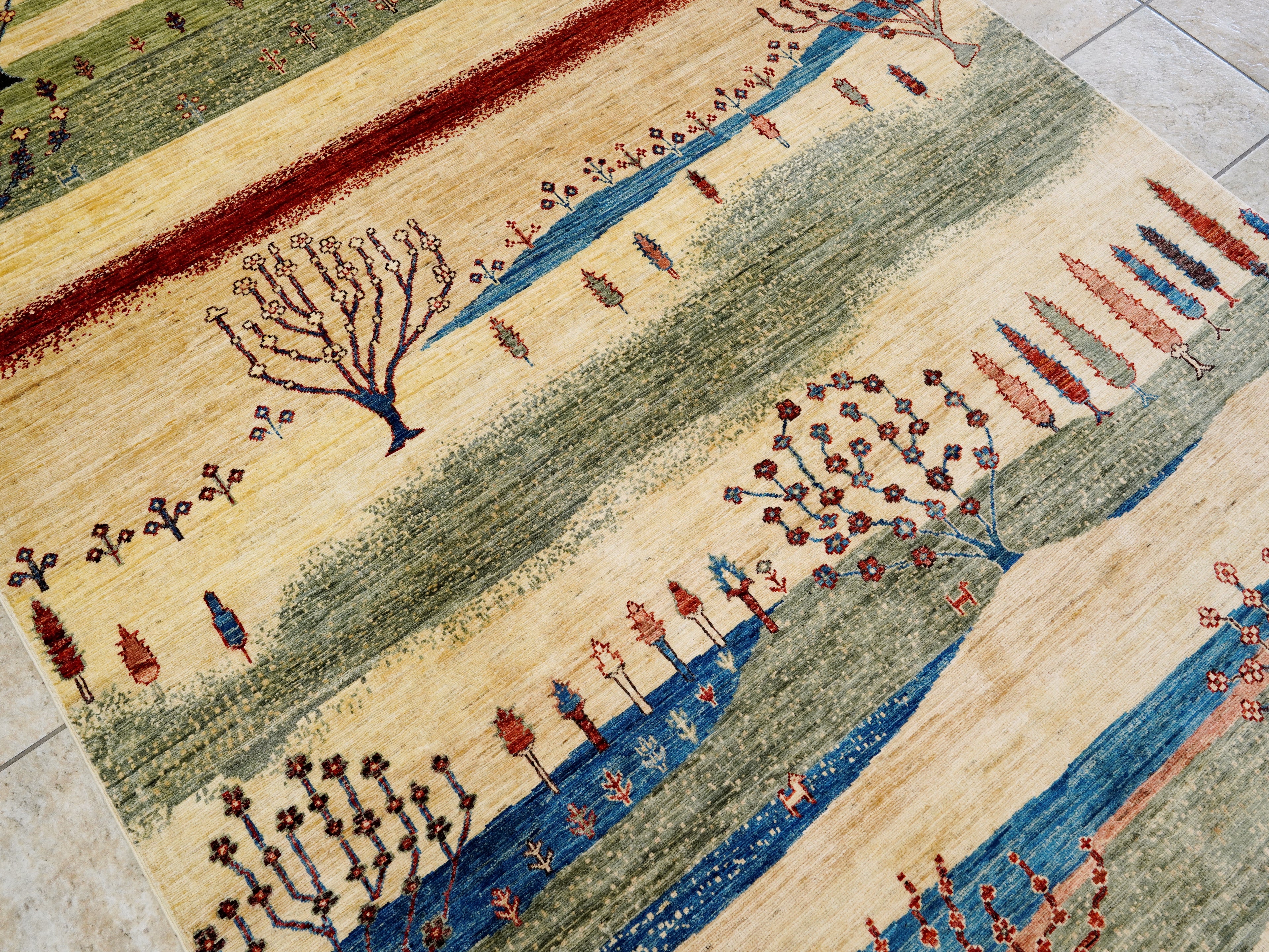 6x9 Green & Beige Landscape Rug – Modern Gabbeh Area Rug - Unique Scandinavian Style