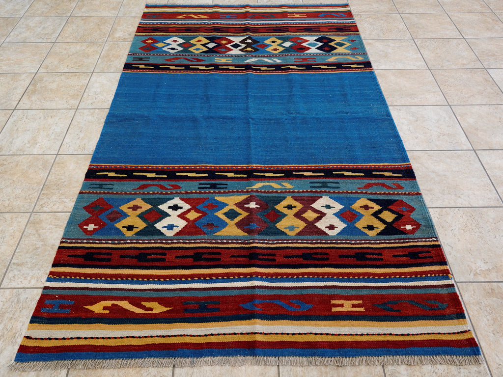 5x8 Ft Blue Kilim Rug - Flat Weave Tribal Design