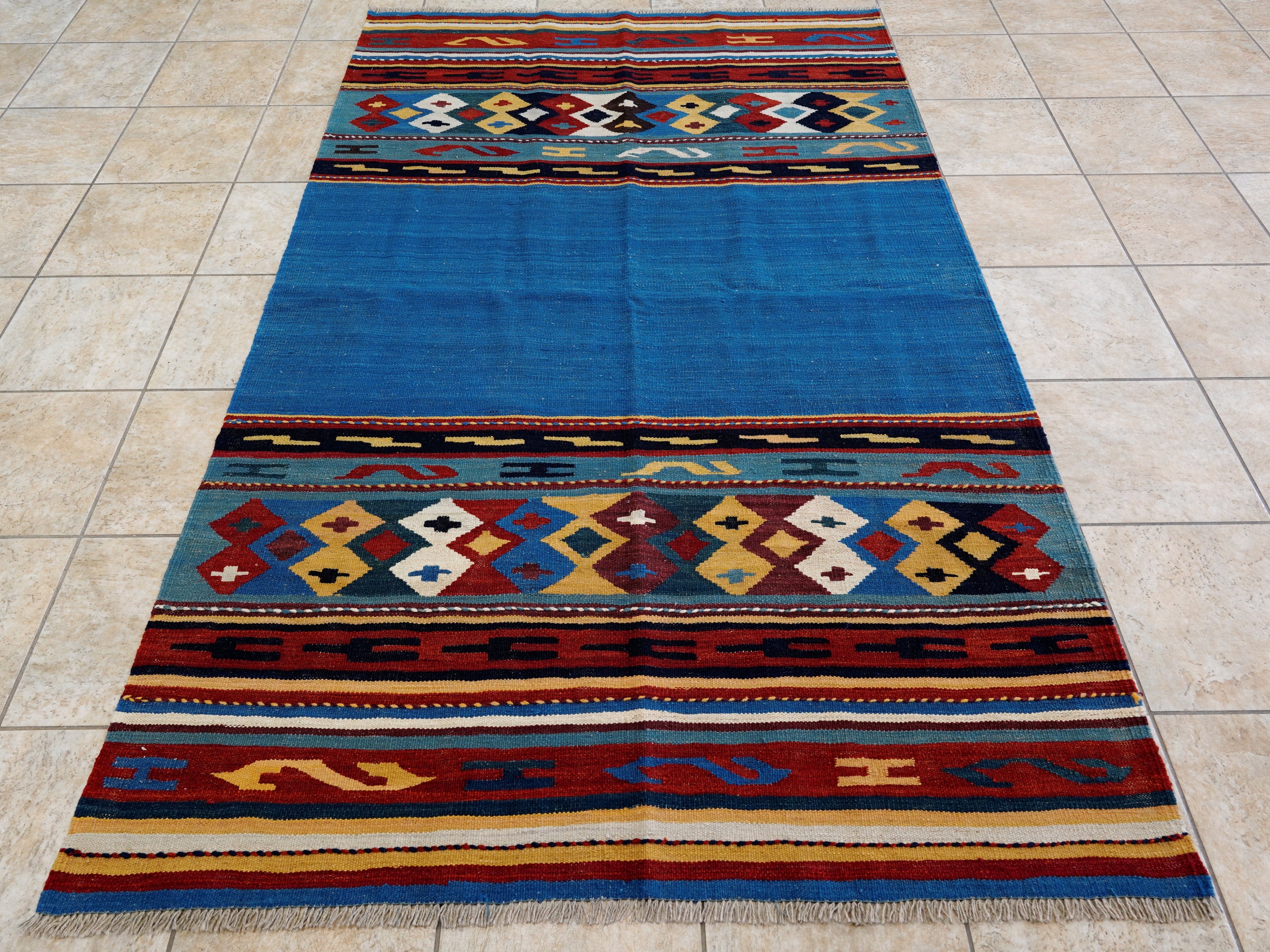 5x8 Ft Blue Kilim Rug - Flat Weave Tribal Design