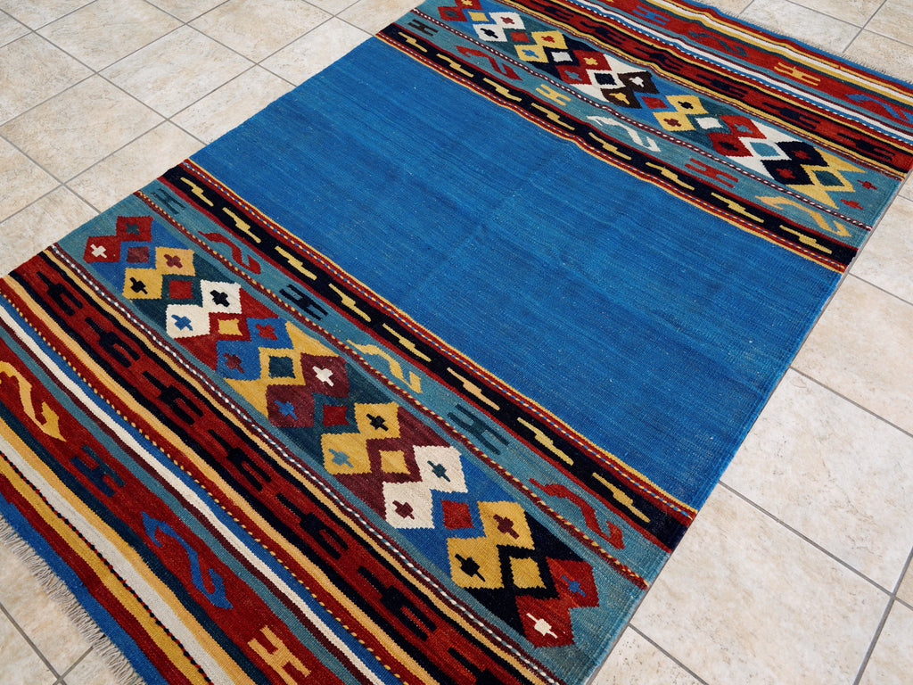 5x8 Ft Blue Kilim Rug - Flat Weave Tribal Design