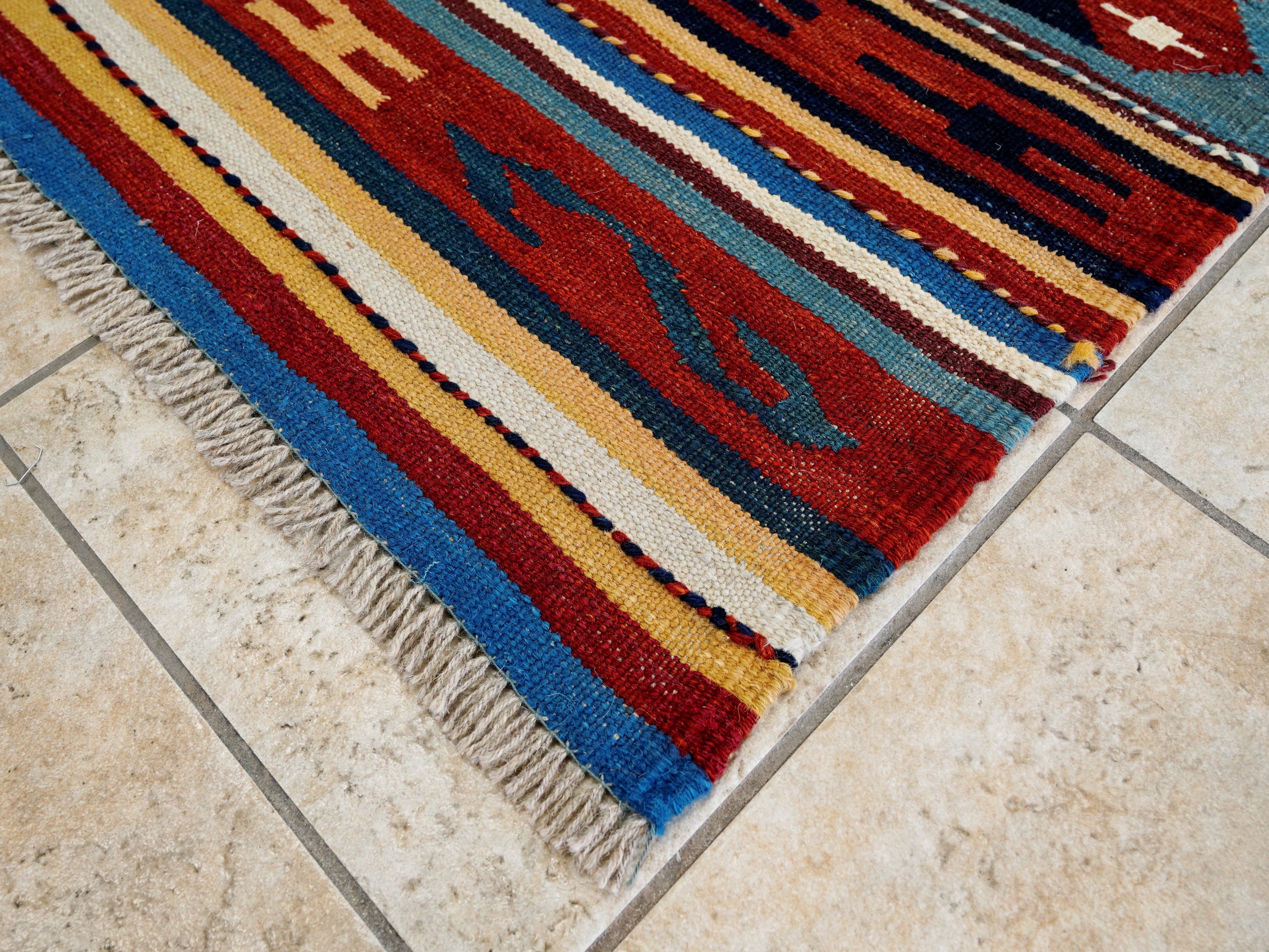 5x8 Ft Blue Kilim Rug - Flat Weave Tribal Design