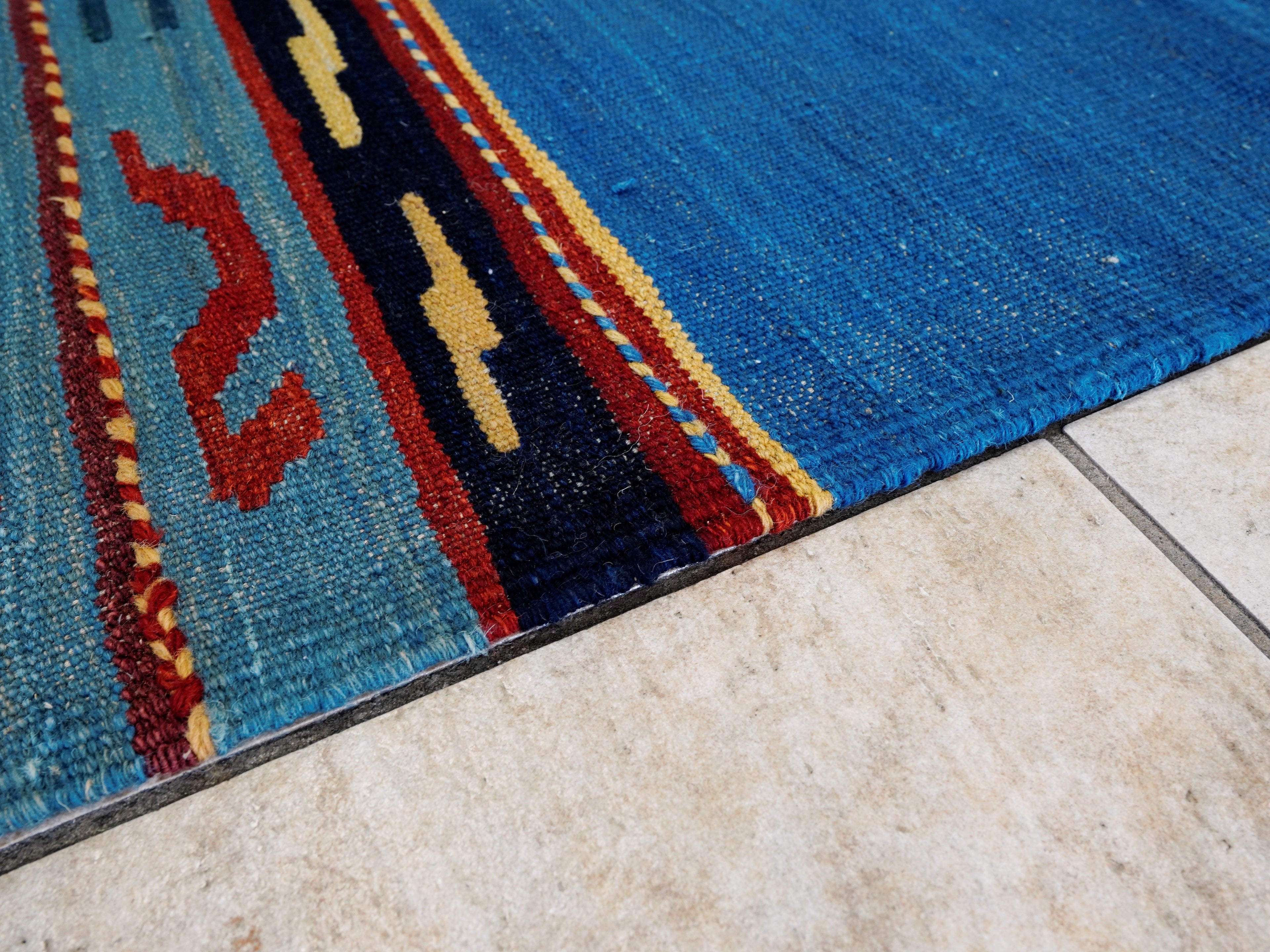 5x8 Ft Blue Kilim Rug - Flat Weave Tribal Design