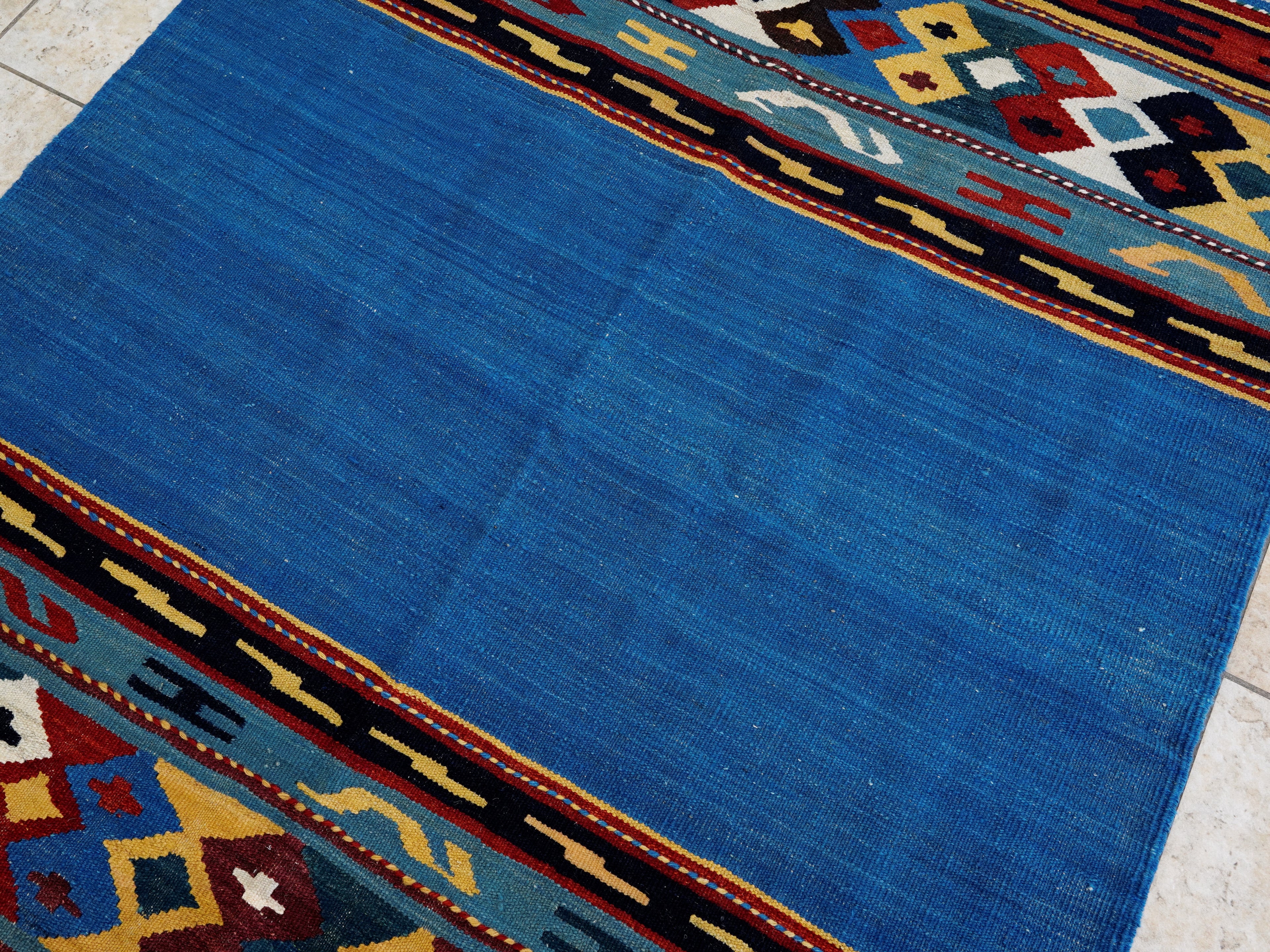 5x8 Ft Blue Kilim Rug - Flat Weave Tribal Design