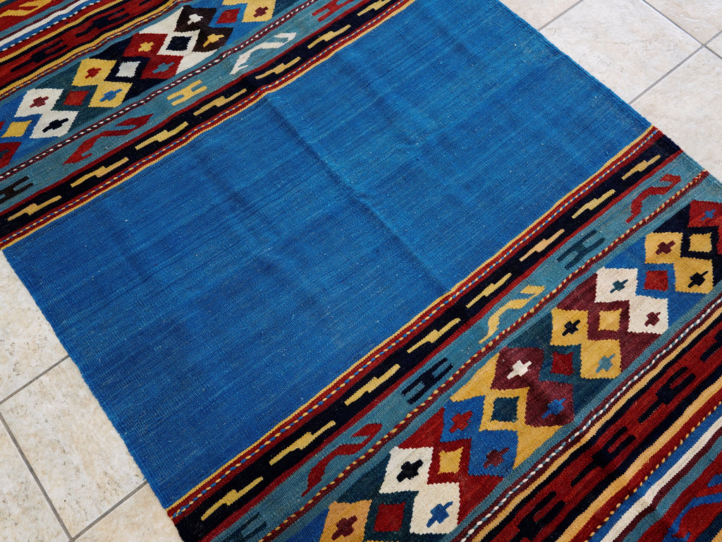5x8 Ft Blue Kilim Rug - Flat Weave Tribal Design