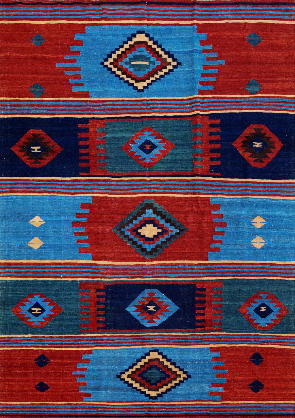 6x9 Ft Red & Blue Maimana Kilim Rug - Hand Knotted Wool Tribal Rug
