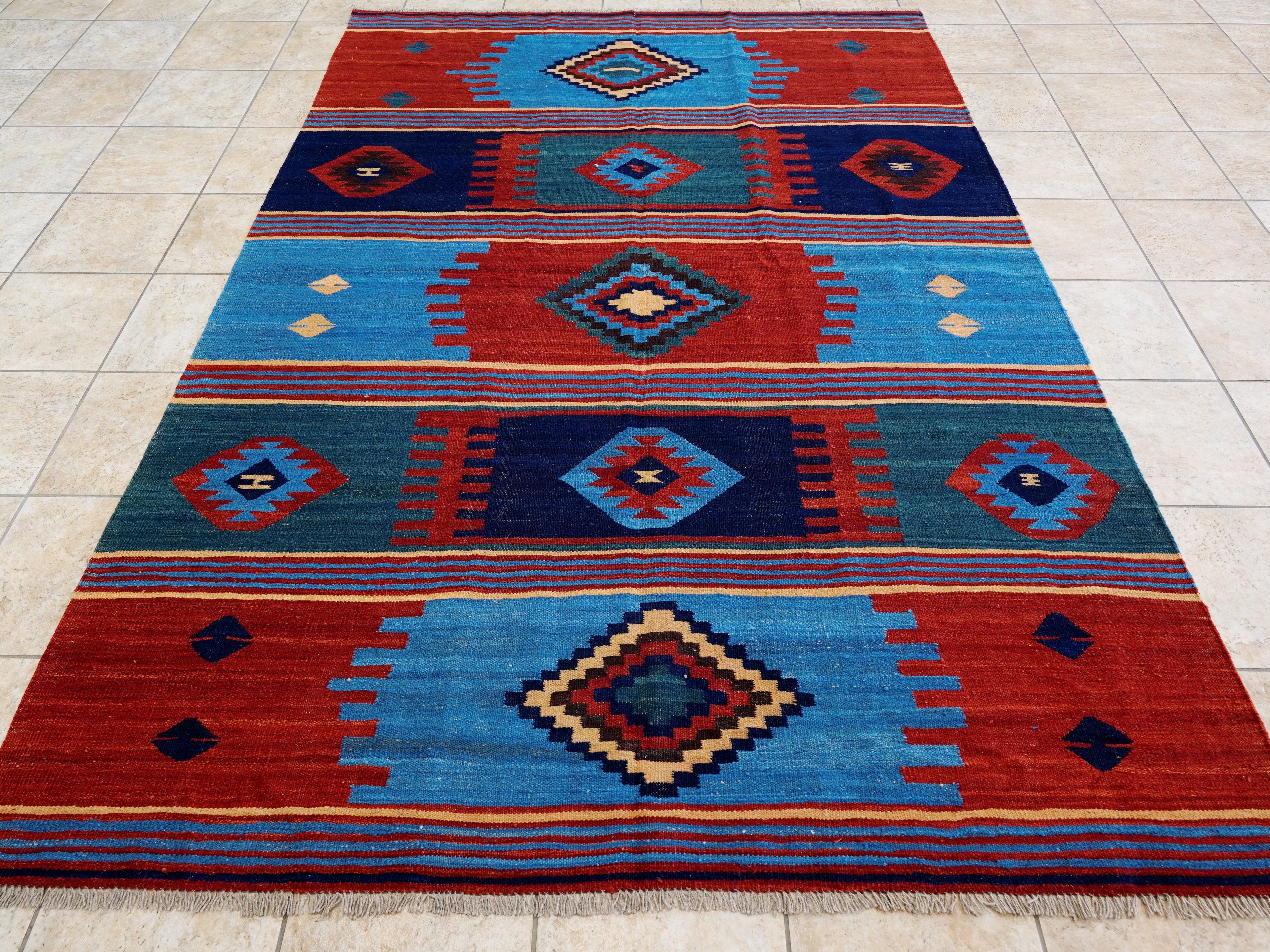 6x9 Ft Red & Blue Maimana Kilim Rug - Hand Knotted Wool Tribal Rug