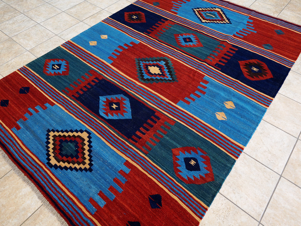 6x9 Ft Red & Blue Maimana Kilim Rug - Hand Knotted Wool Tribal Rug