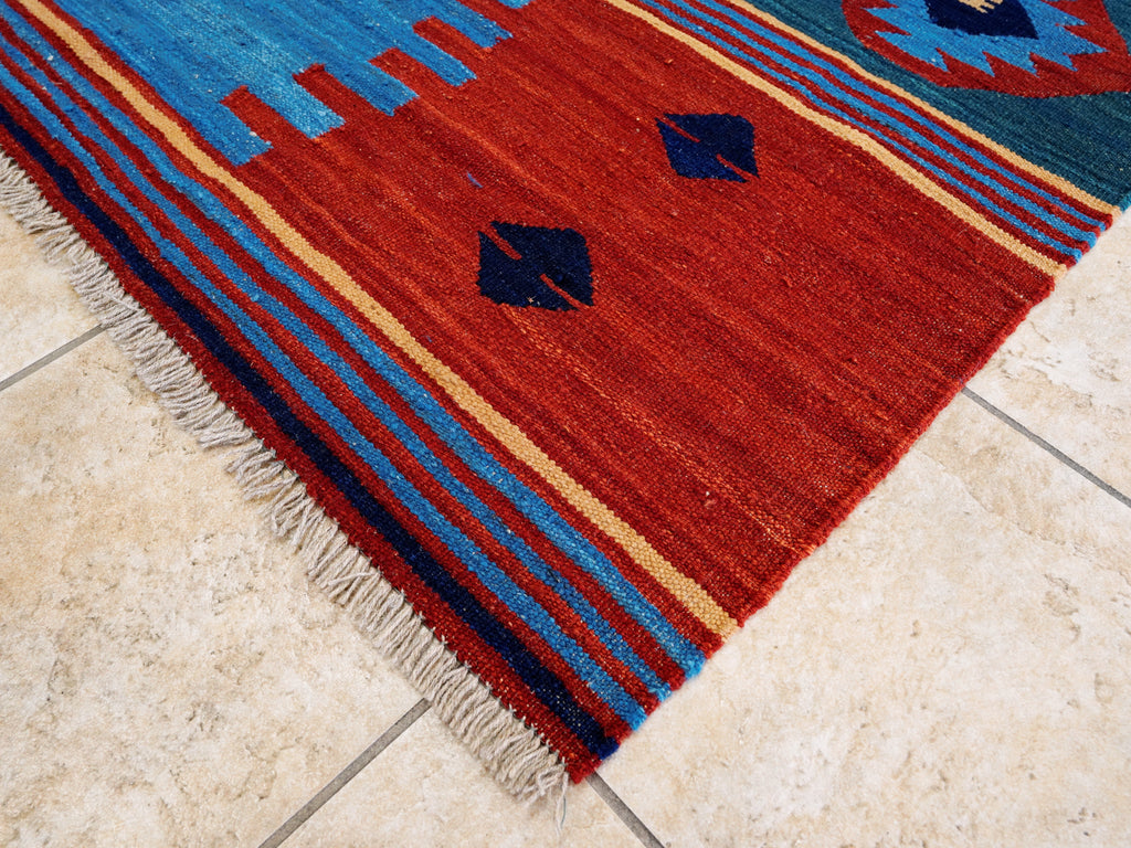 6x9 Ft Red & Blue Maimana Kilim Rug - Hand Knotted Wool Tribal Rug